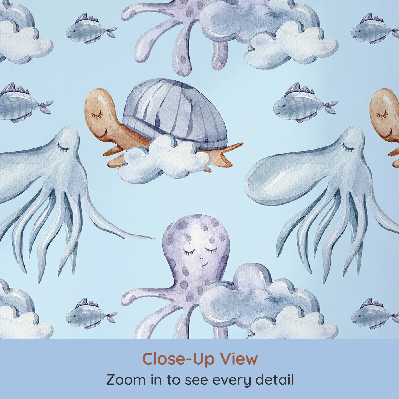 Close-up view of Whimsy Tots' Ocean Dreams Wallpaper in Blue (W3281E).Turtles, octopuses, and fish float gently through a soft ocean sky.
