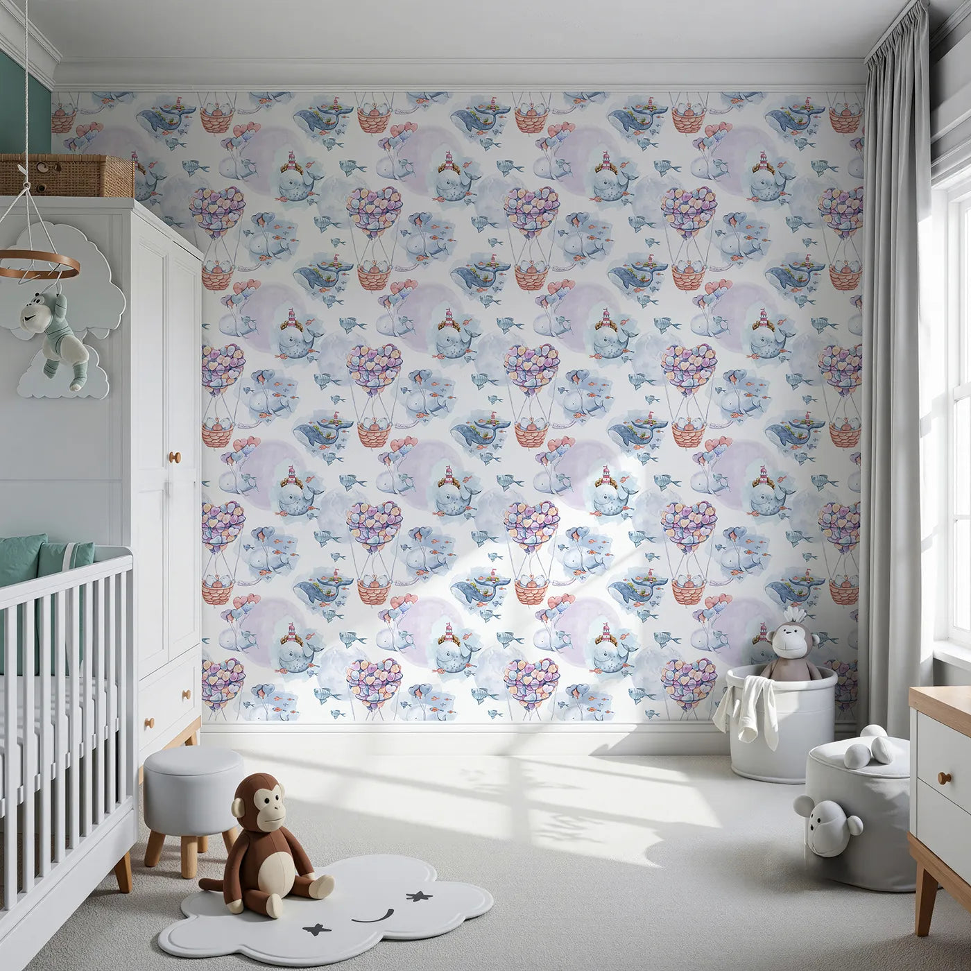 Front view of Whimsy Tots' Whales of Love Wallpaper in White