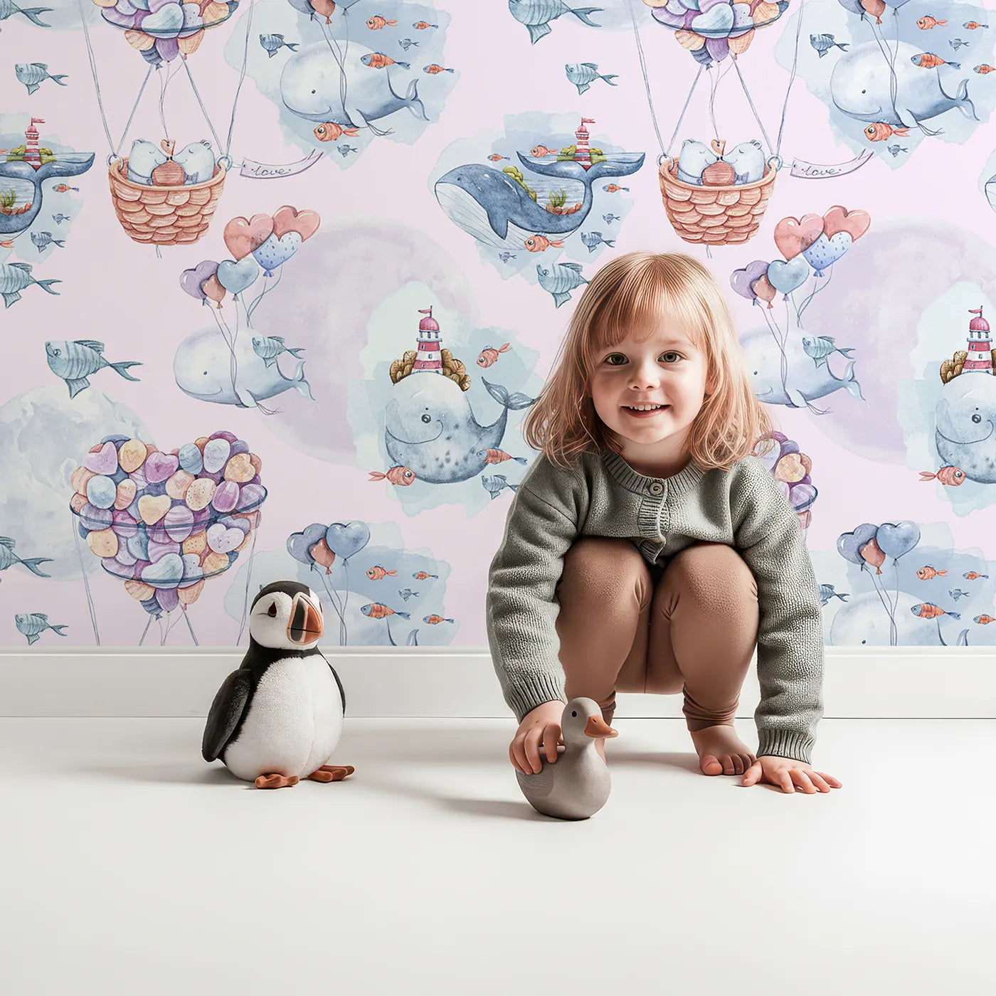 Lovely child standing in front of Whimsy Tots Whales of Love Wallpaper in Blush Pink with whale, balloon, heart, lighthouse, bear, fish in design.