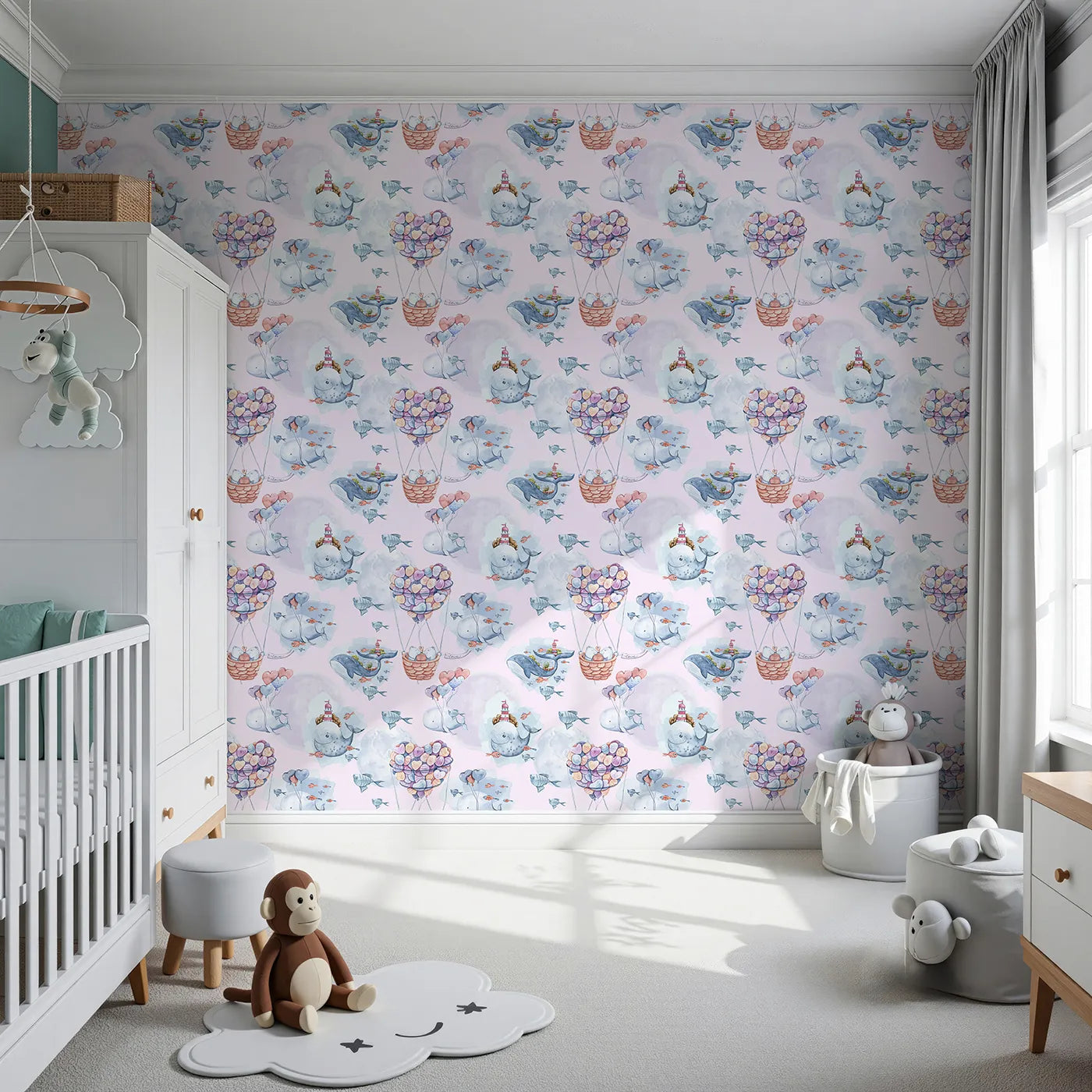 Front view of Whimsy Tots' Whales of Love Wallpaper in Blush Pink