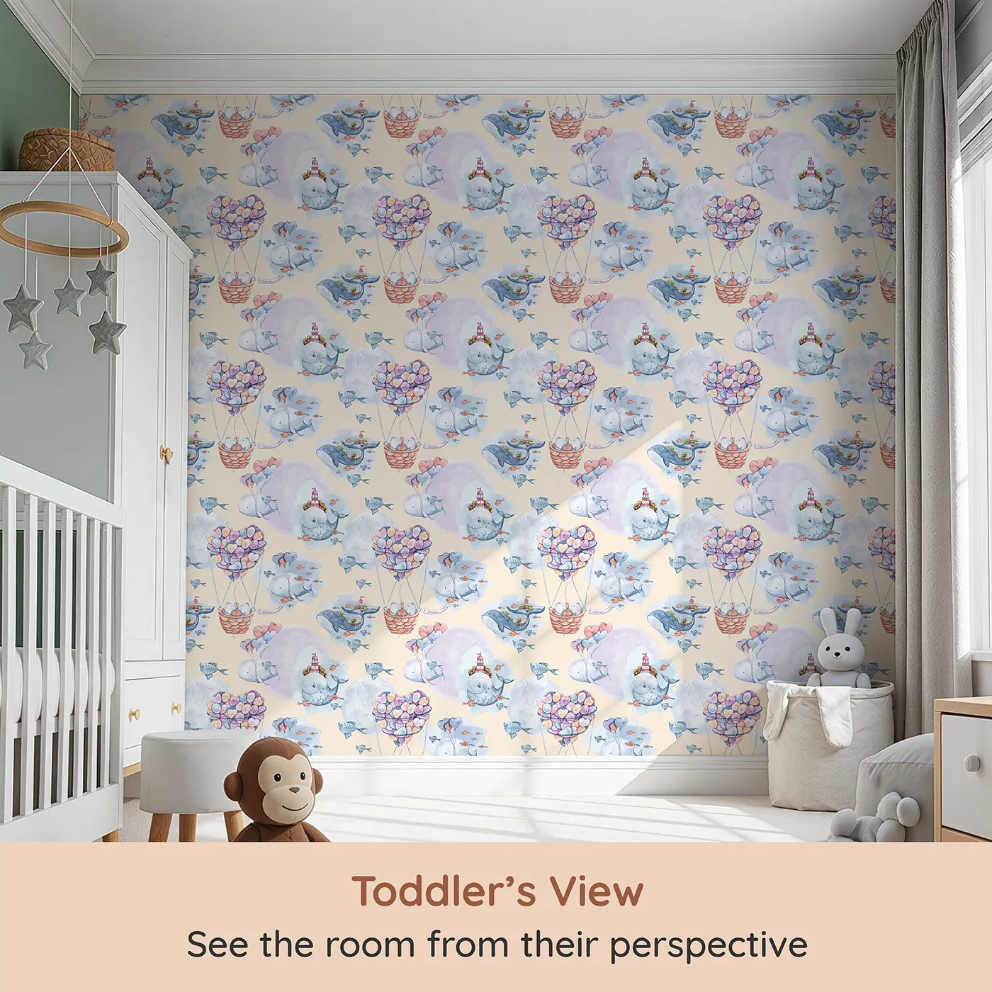 Whimsy Tots Whales of Love Wallpaper in Cream (W3282C) from your child's view.Whales, hearts, and clouds drift through a dreamy cream sky.