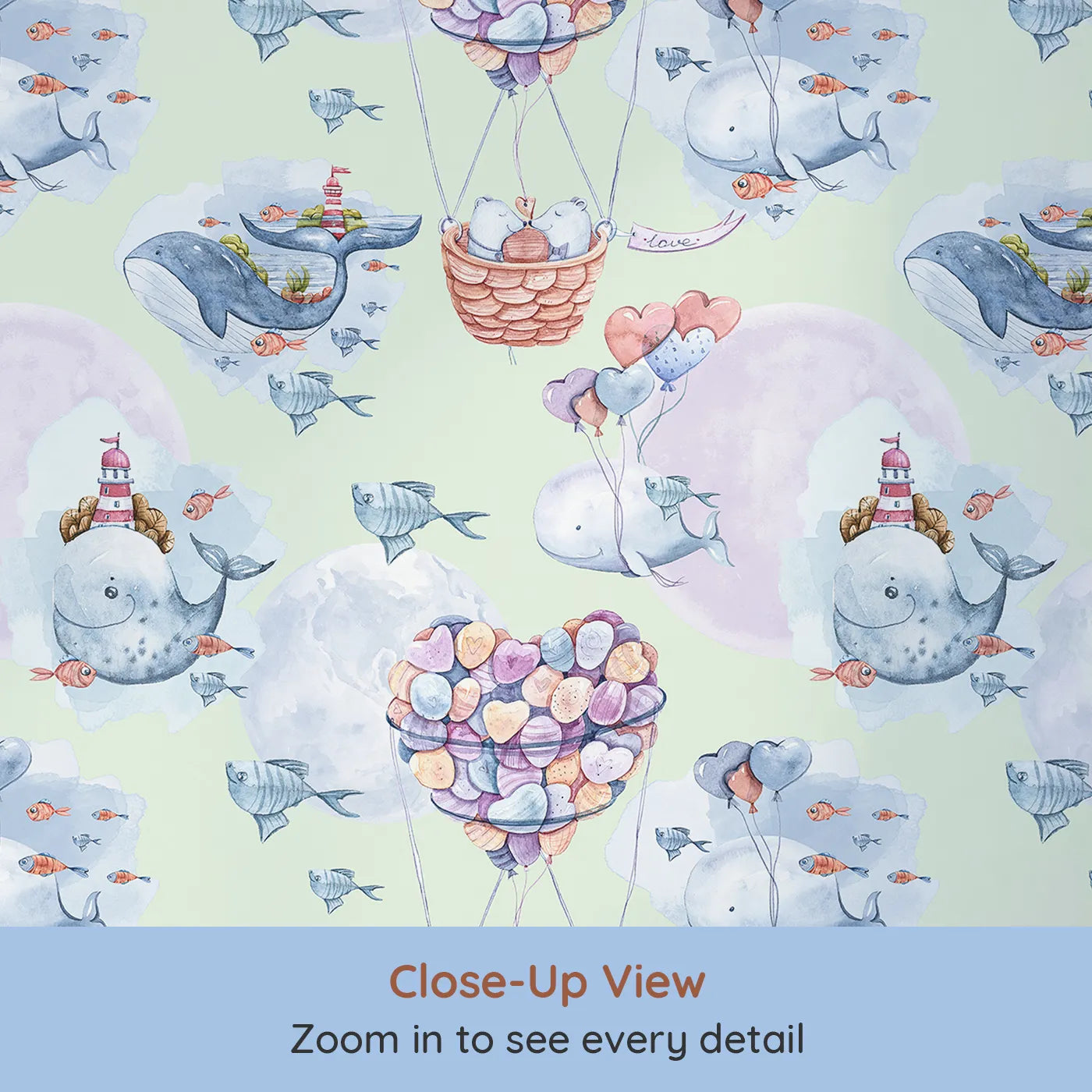 Close-up view of Whimsy Tots' Whales of Love Wallpaper in Mint Green (W3282D).Whales and heart balloons float peacefully across a minty sky.