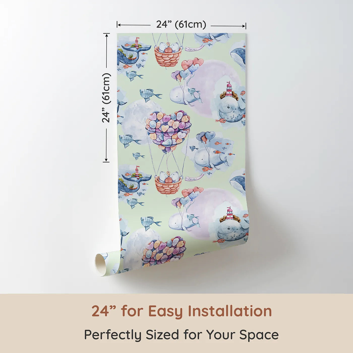 Dimension view of Whimsy Tots Whales of Love Wallpaper in Mint Green (W3282D). Printed in 24-inch-wide panel for easy installation. Whales and heart balloons float peacefully across a minty sky.