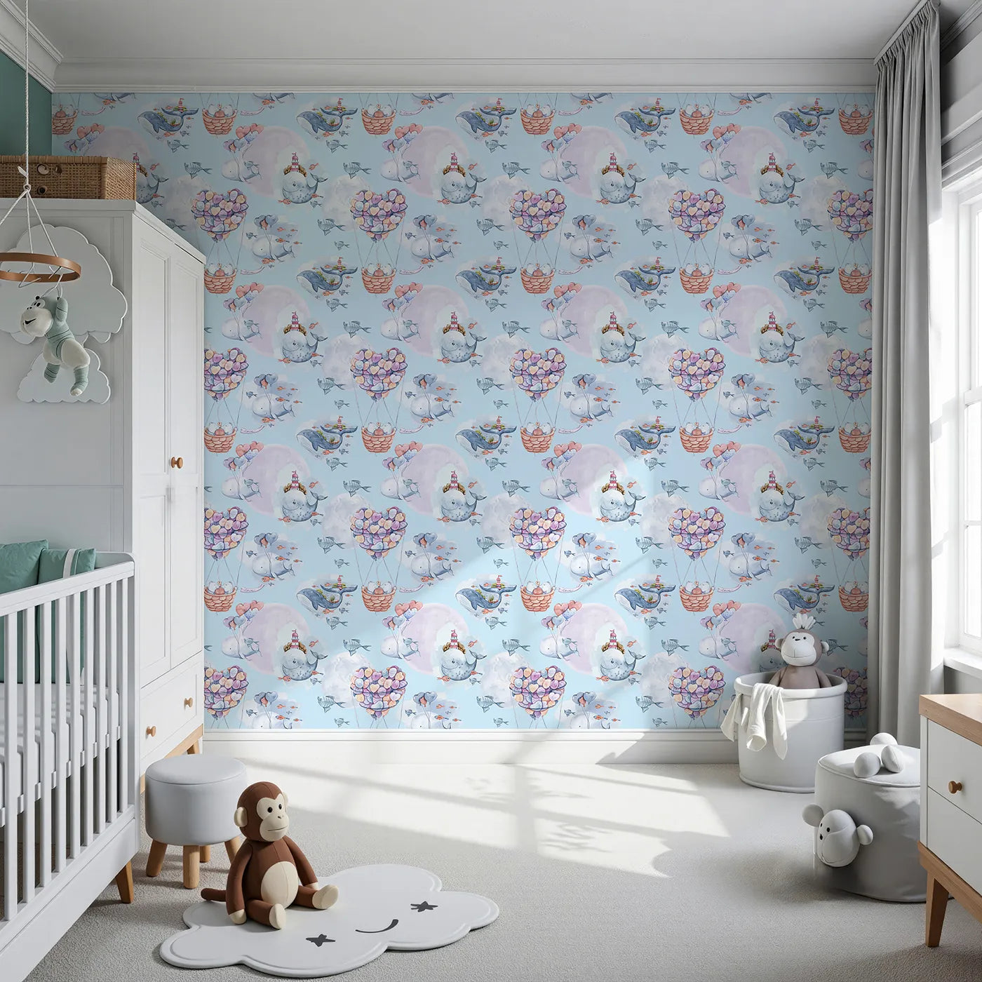 Front view of Whimsy Tots' Whales of Love Wallpaper in Blue
