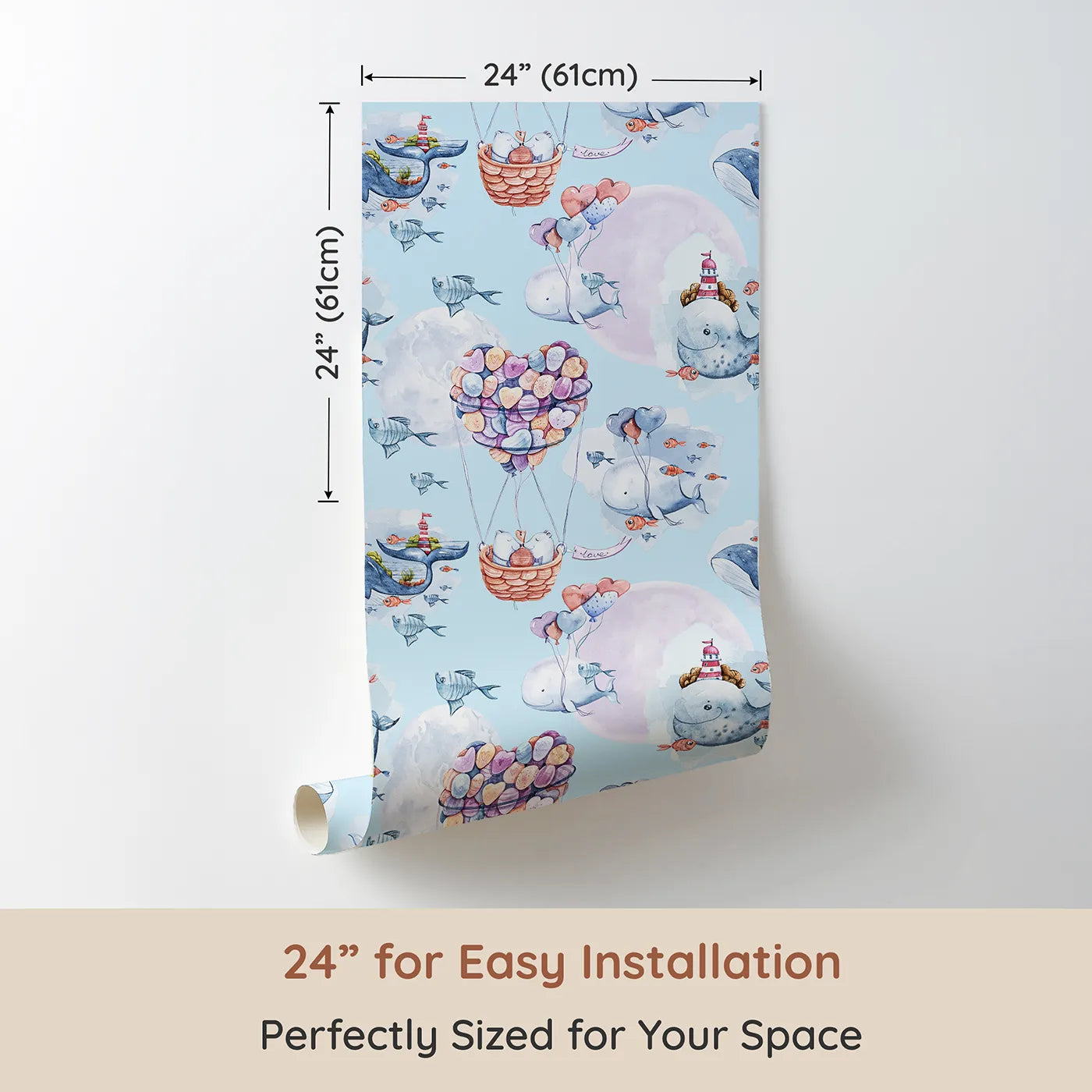 Dimension view of Whimsy Tots Whales of Love Wallpaper in Blue (W3282E). Printed in 24-inch-wide panel for easy installation. A soft blue sky filled with whales, fish, and pastel hearts.