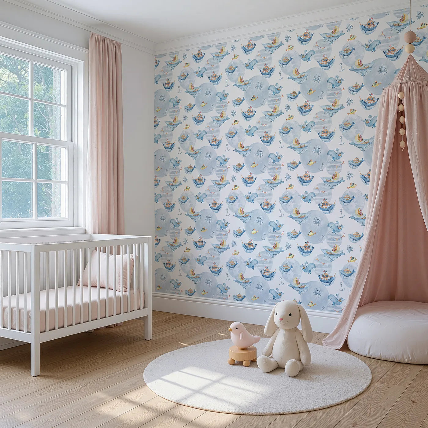 Angled view of Whimsy Tots' Whale Boat Parade Wallpaper in White (W3283A).Whales become boats, carrying treasures and tales across dreamy seas.