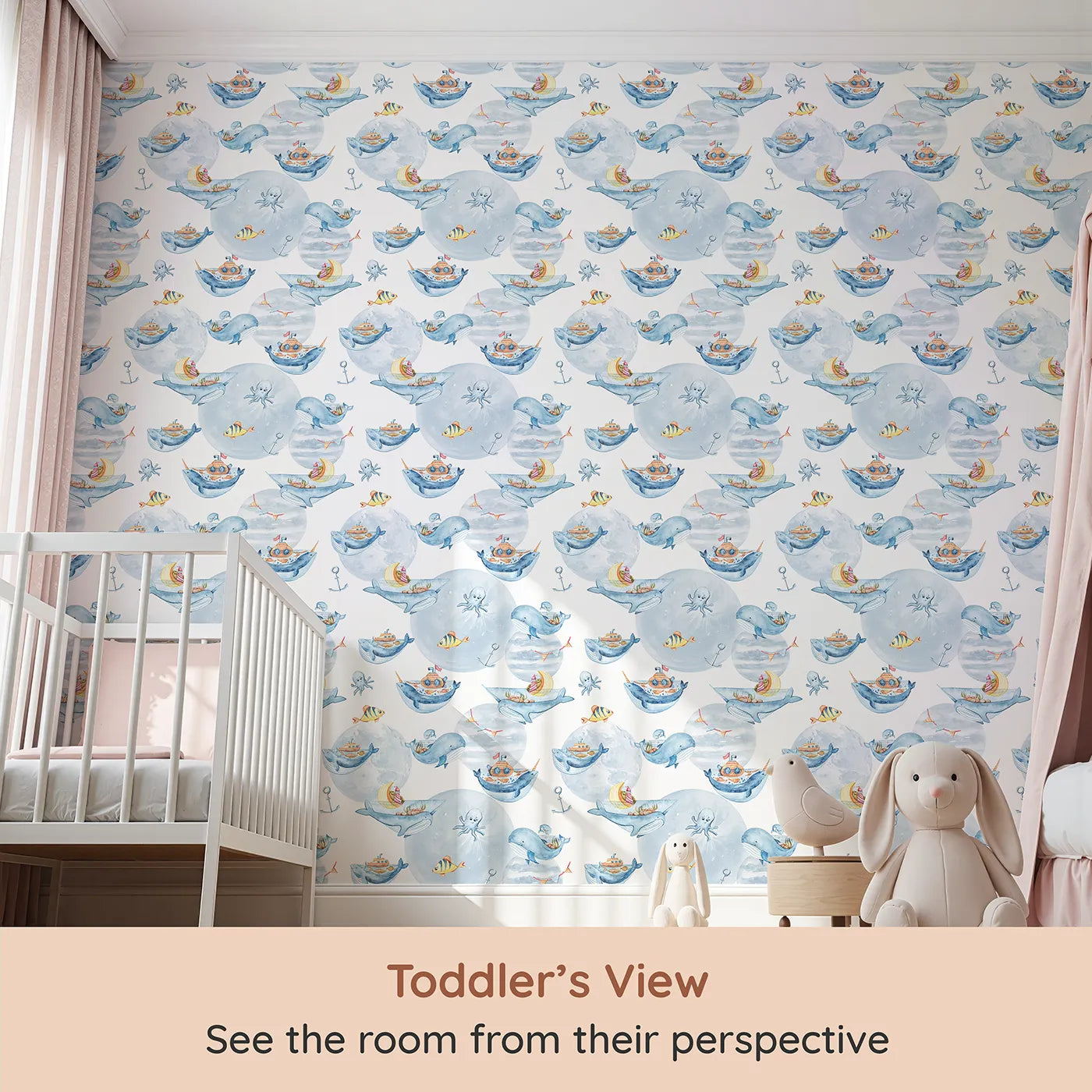 Whimsy Tots Whale Boat Parade Wallpaper in White (W3283A) from your child's view.Whales become boats, carrying treasures and tales across dreamy seas.