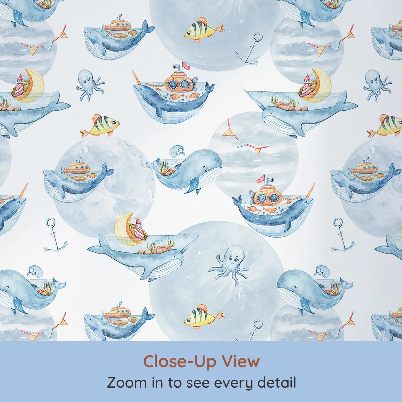Close-up view of Whimsy Tots' Whale Boat Parade Wallpaper in White (W3283A).Whales become boats, carrying treasures and tales across dreamy seas.