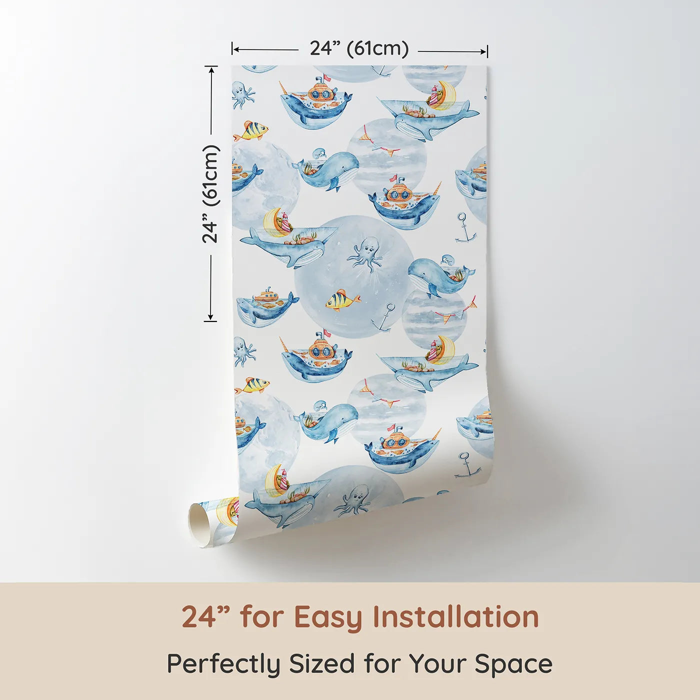 Dimension view of Whimsy Tots Whale Boat Parade Wallpaper in White (W3283A). Printed in 24-inch-wide panel for easy installation. Whales become boats, carrying treasures and tales across dreamy seas.