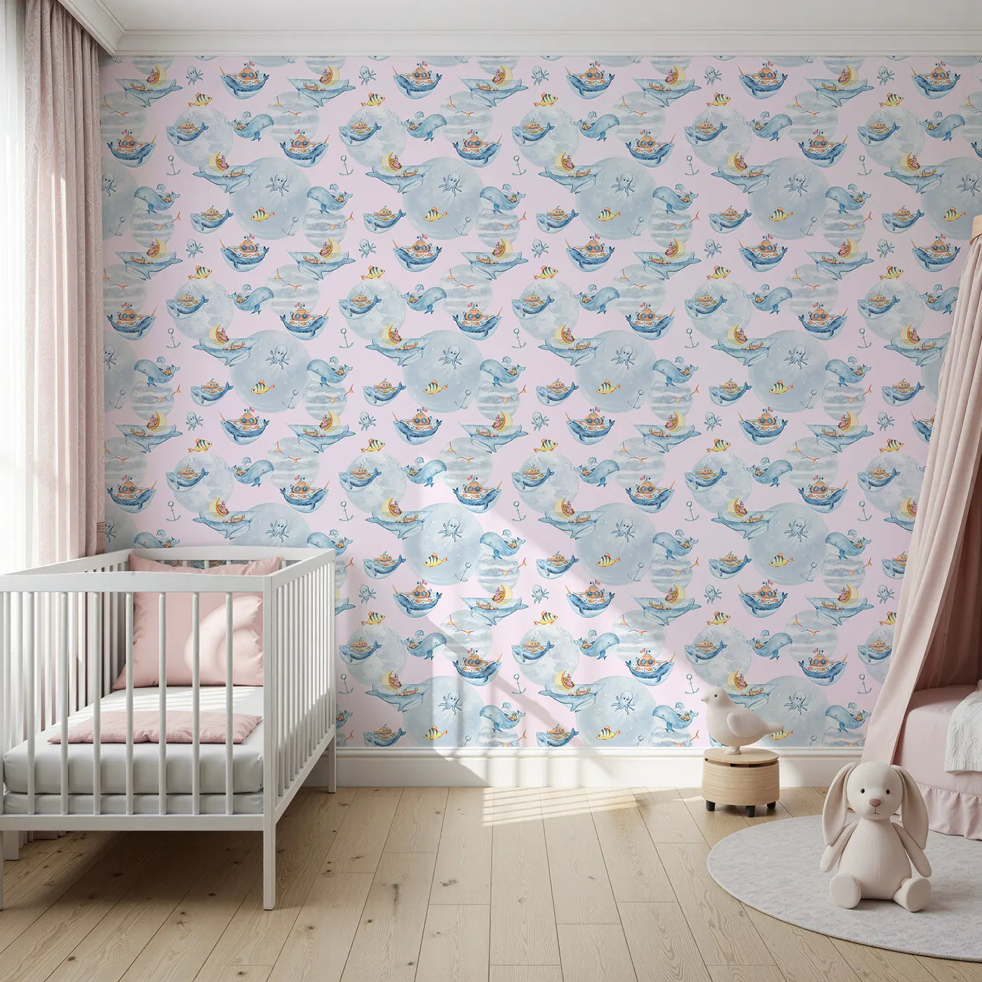 Front view of Whimsy Tots' Whale Boat Parade Wallpaper in Pink