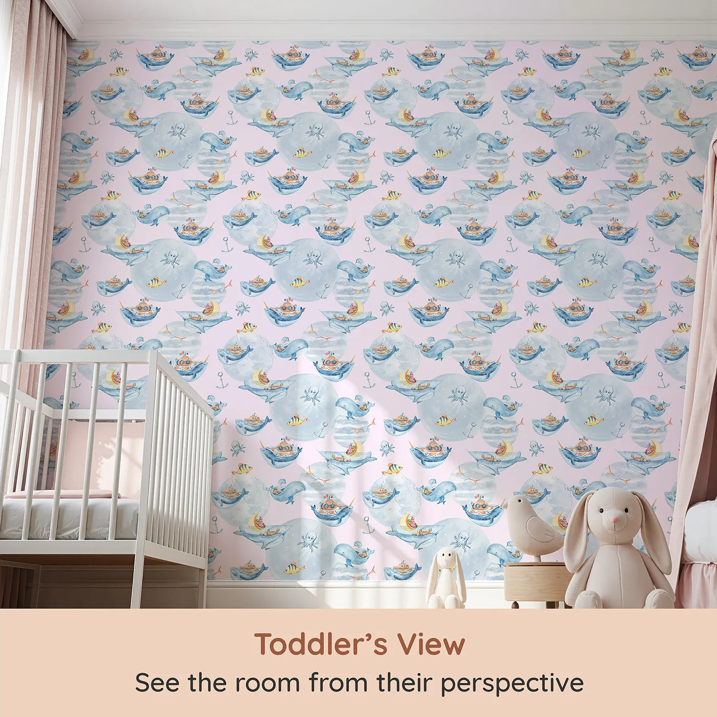 Whimsy Tots Whale Boat Parade Wallpaper in Pink (W3283B) from your child's view.Whales carry tiny boats and ocean friends through soft pink seas.