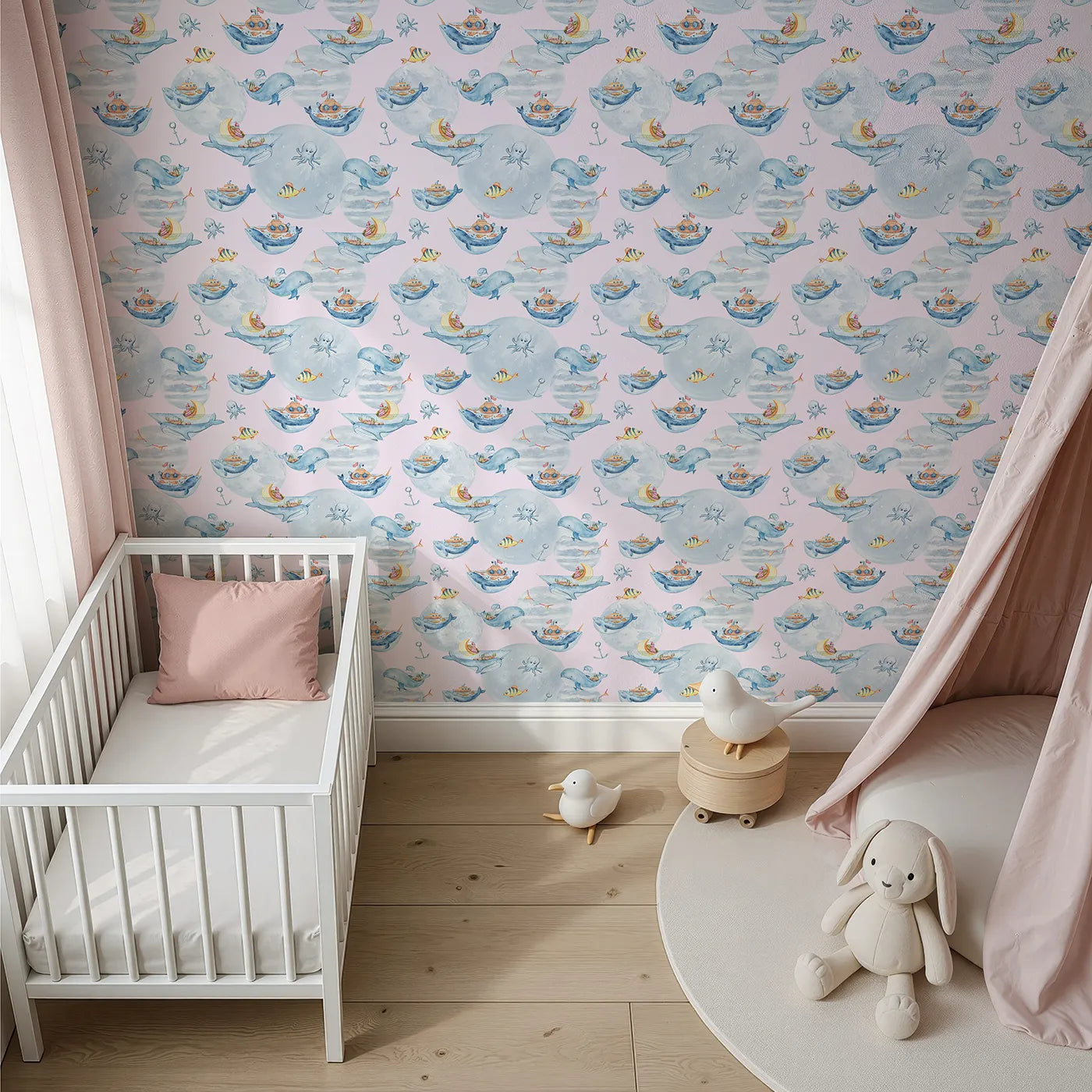 Top-Down view of Whimsy Tots' Whale Boat Parade Wallpaper in Pink (W3283B).Whales carry tiny boats and ocean friends through soft pink seas.