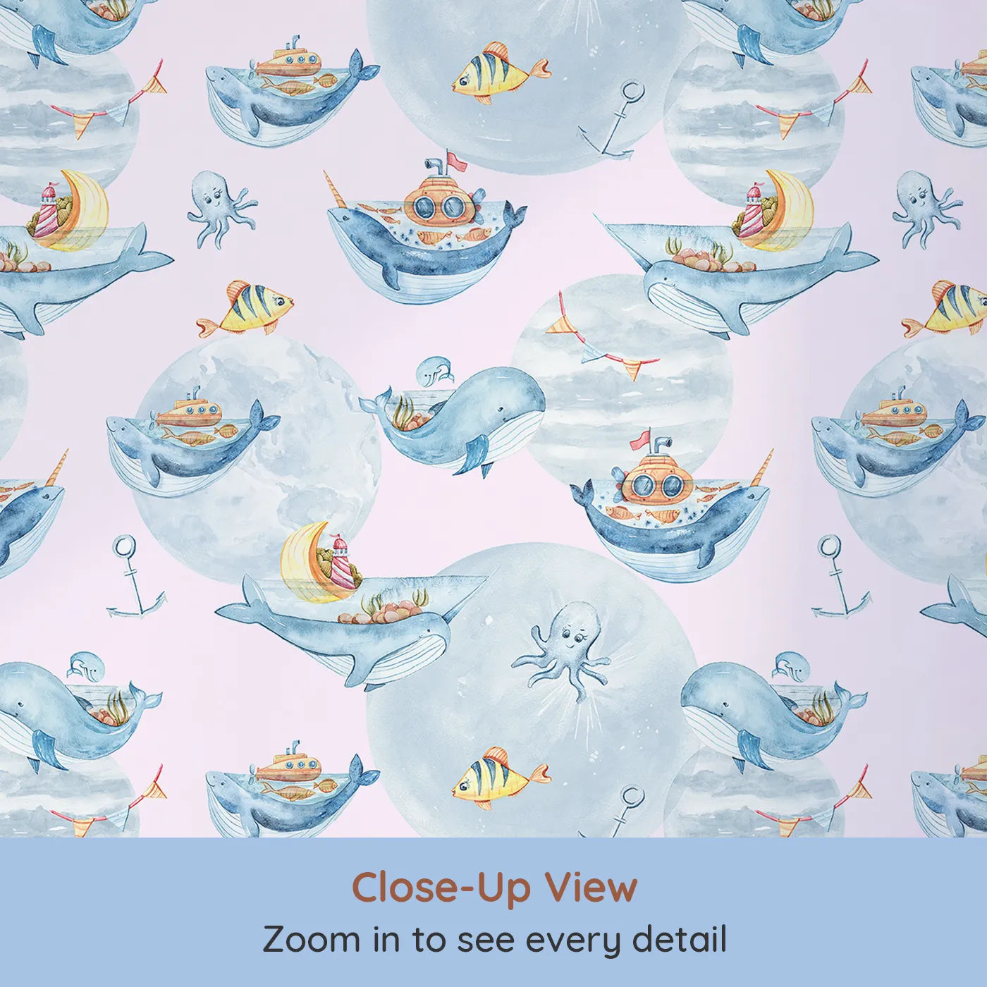 Close-up view of Whimsy Tots' Whale Boat Parade Wallpaper in Pink (W3283B).Whales carry tiny boats and ocean friends through soft pink seas.