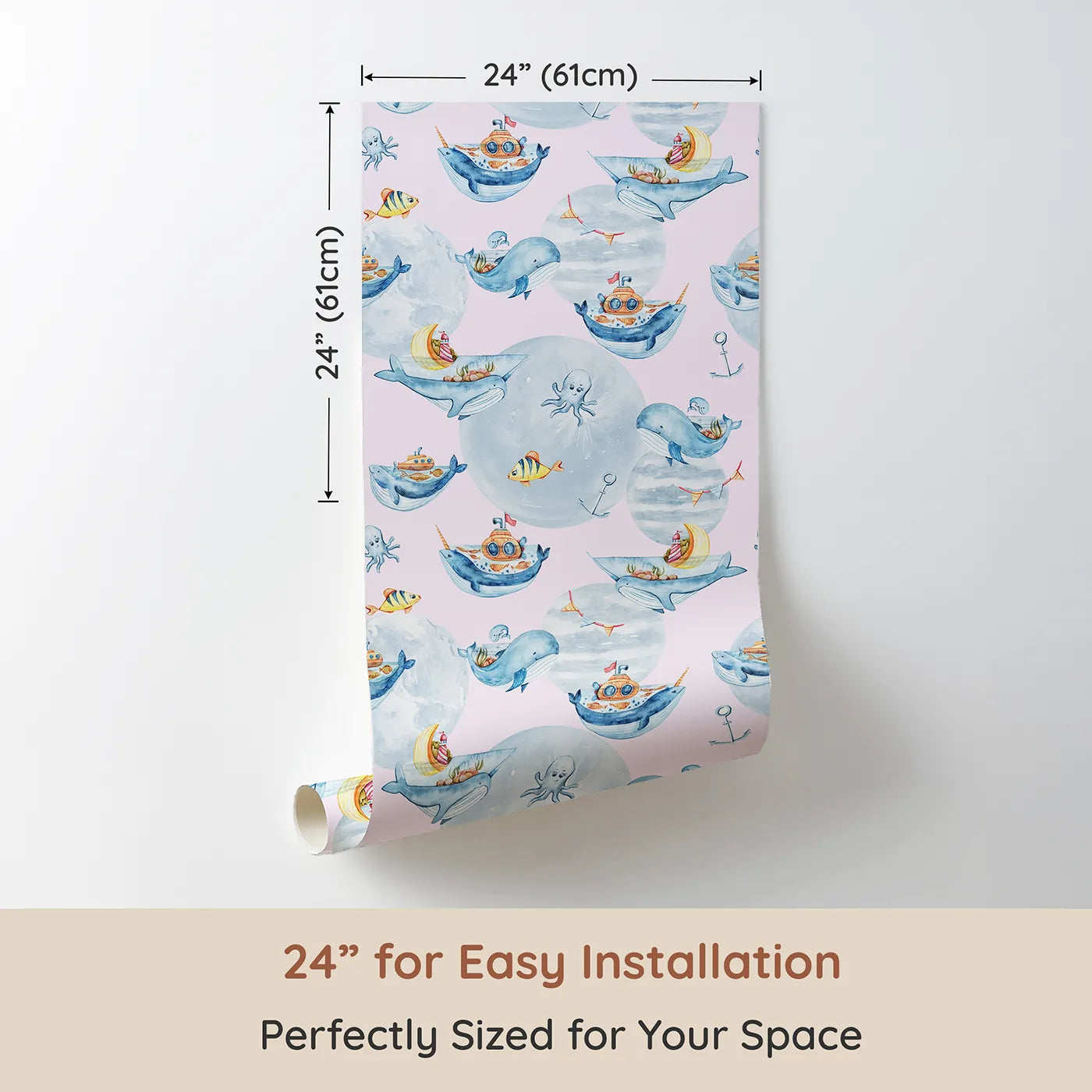 Dimension view of Whimsy Tots Whale Boat Parade Wallpaper in Pink (W3283B). Printed in 24-inch-wide panel for easy installation. Whales carry tiny boats and ocean friends through soft pink seas.