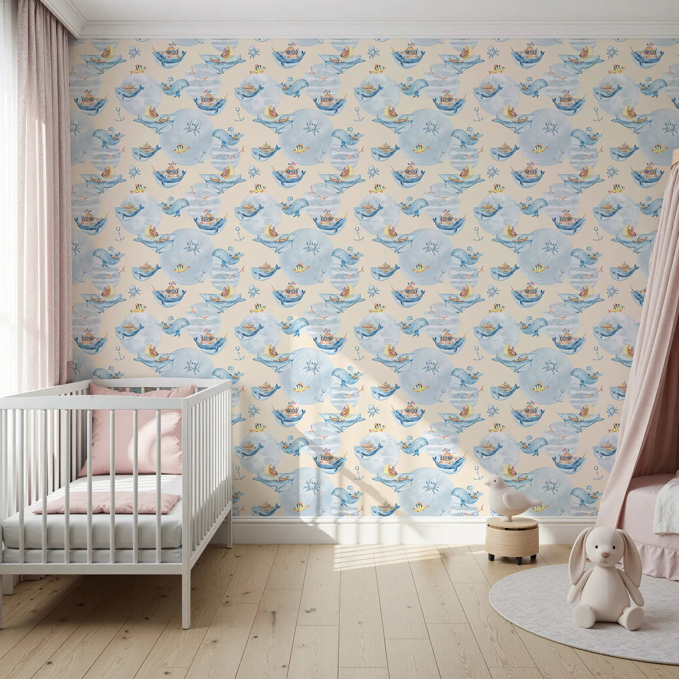 Front view of Whimsy Tots' Whale Boat Parade Wallpaper in Cream