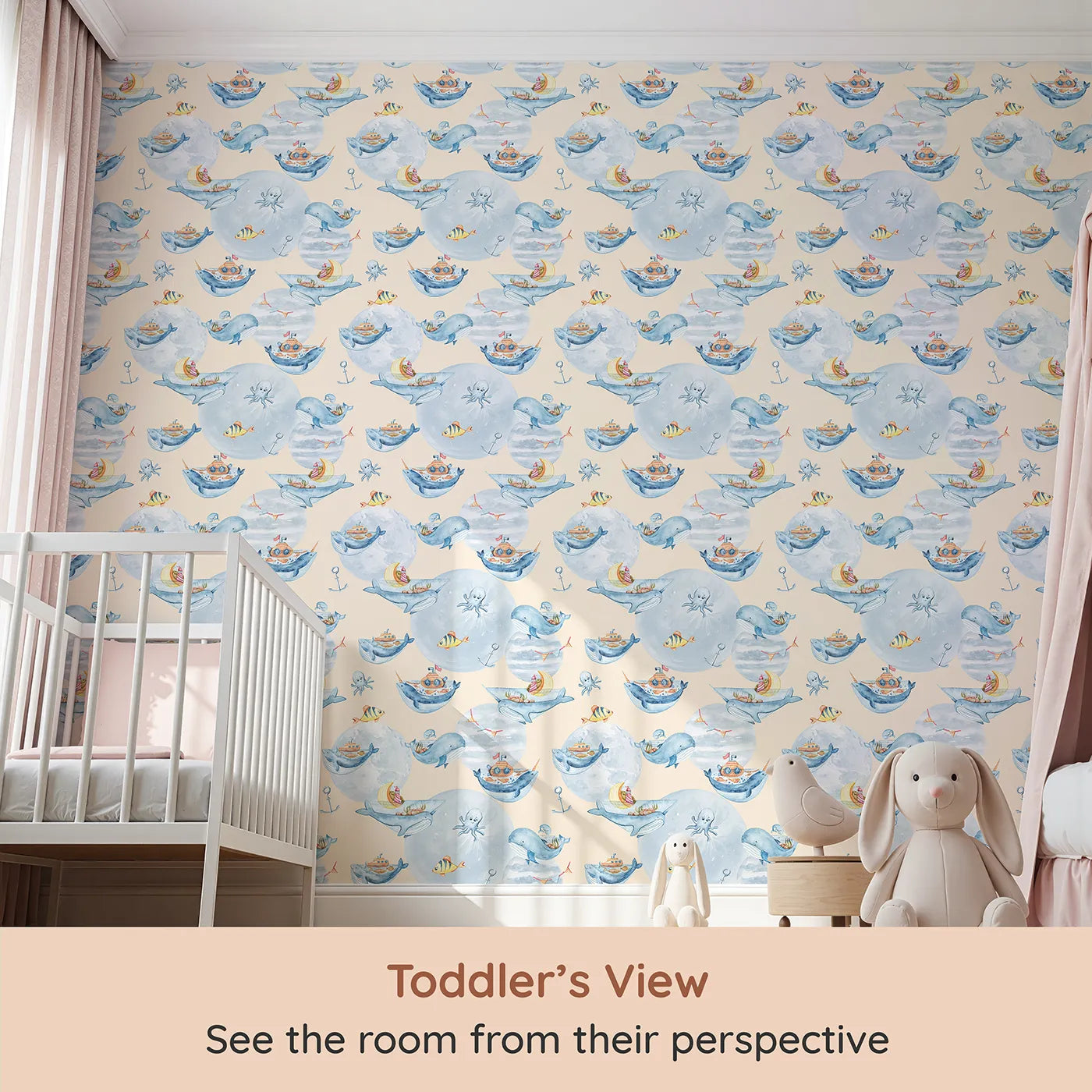Whimsy Tots Whale Boat Parade Wallpaper in Cream (W3283C) from your child's view.Whales carry tiny treasures through a cream-colored ocean dream.