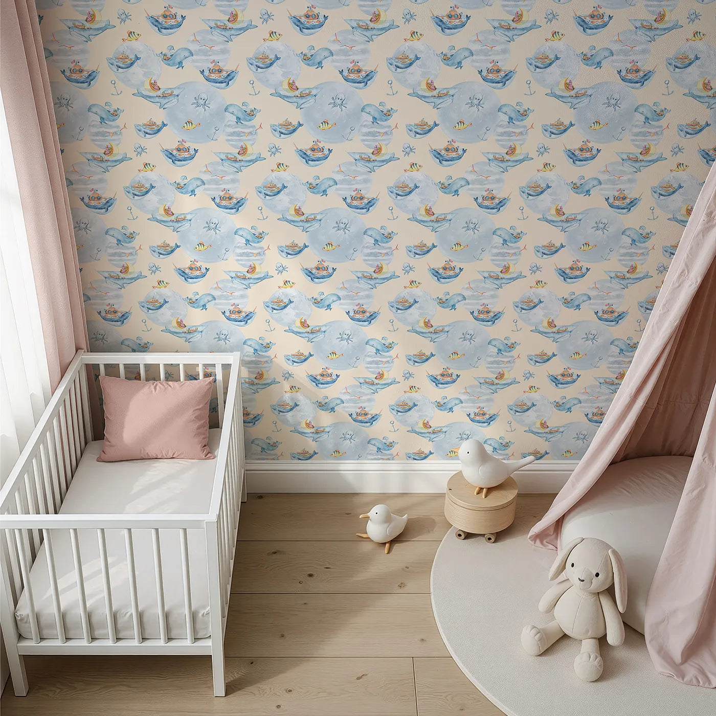 Top-Down view of Whimsy Tots' Whale Boat Parade Wallpaper in Cream (W3283C).Whales carry tiny treasures through a cream-colored ocean dream.