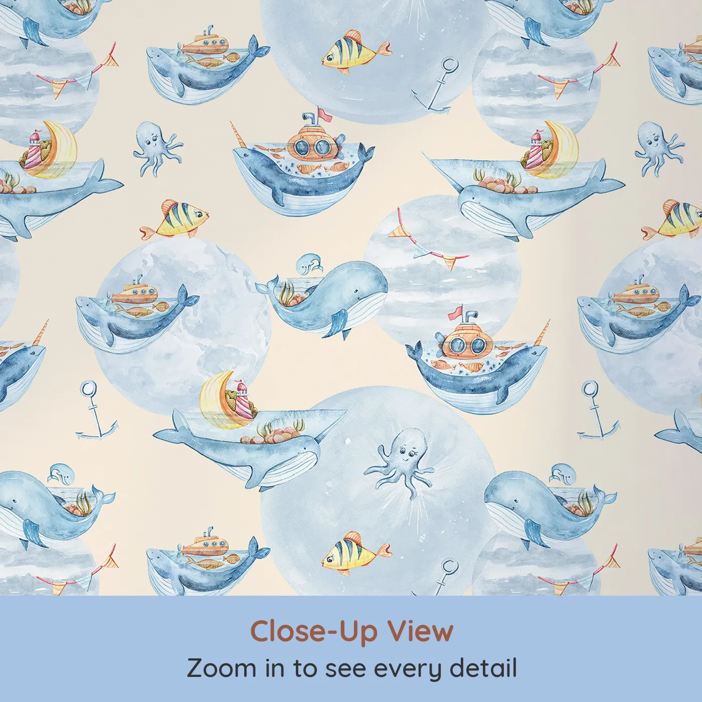 Close-up view of Whimsy Tots' Whale Boat Parade Wallpaper in Cream (W3283C).Whales carry tiny treasures through a cream-colored ocean dream.