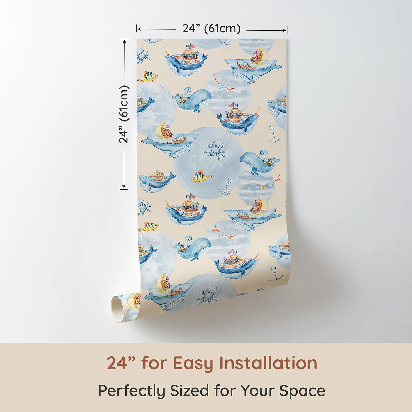 Dimension view of Whimsy Tots Whale Boat Parade Wallpaper in Cream (W3283C). Printed in 24-inch-wide panel for easy installation. Whales carry tiny treasures through a cream-colored ocean dream.