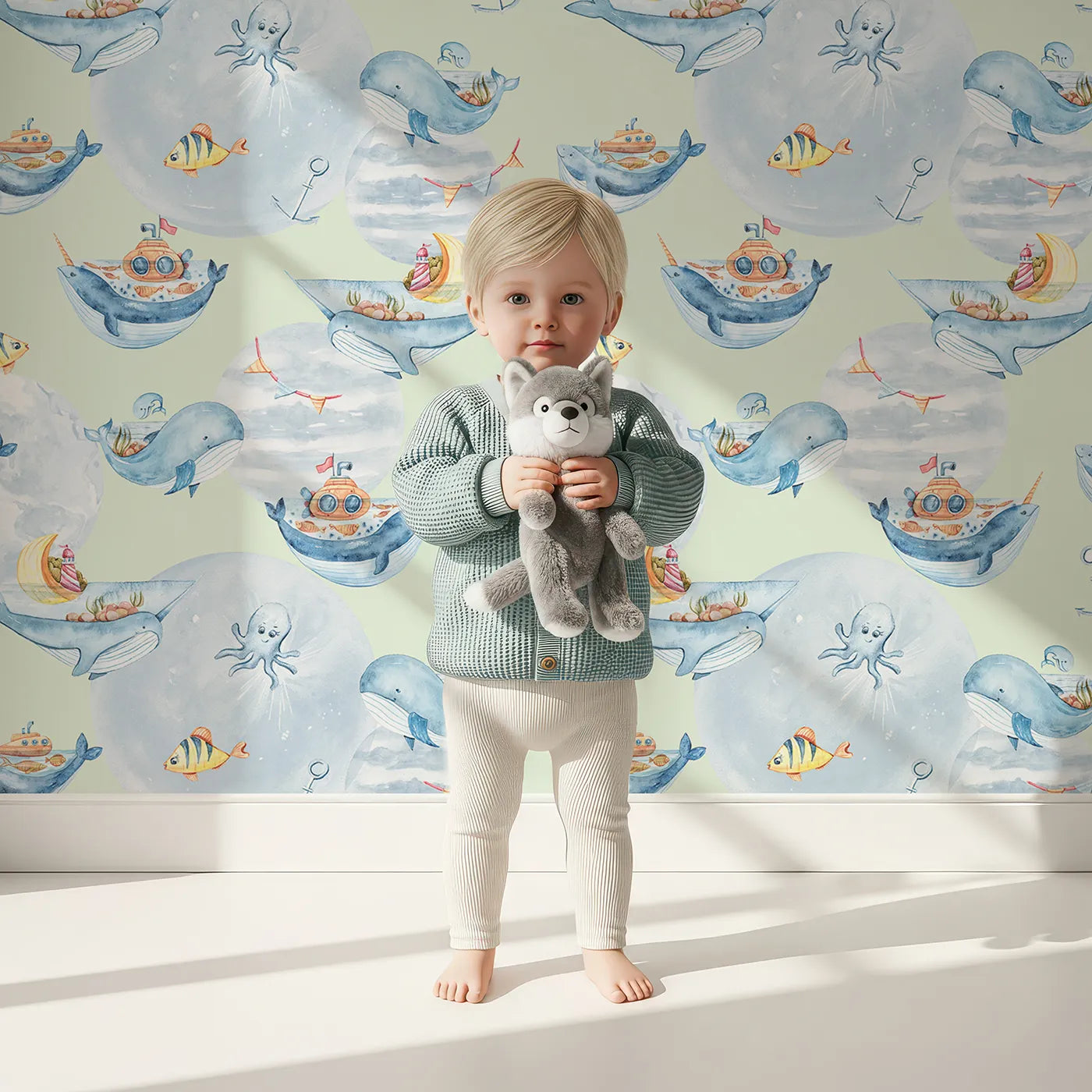 Lovely child standing in front of Whimsy Tots Whale Boat Parade Wallpaper in Mint Green with whale, submarine, boat, octopus, anchor, flag in design.