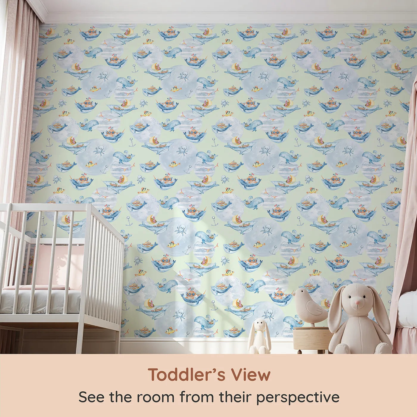 Whimsy Tots Whale Boat Parade Wallpaper in Mint Green (W3283D) from your child's view.Whales and fish set sail across a minty sea full of wonder.