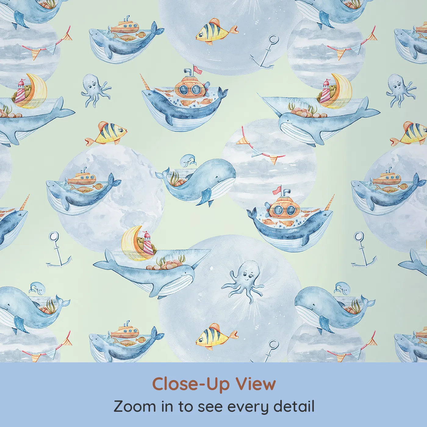 Close-up view of Whimsy Tots' Whale Boat Parade Wallpaper in Mint Green (W3283D).Whales and fish set sail across a minty sea full of wonder.