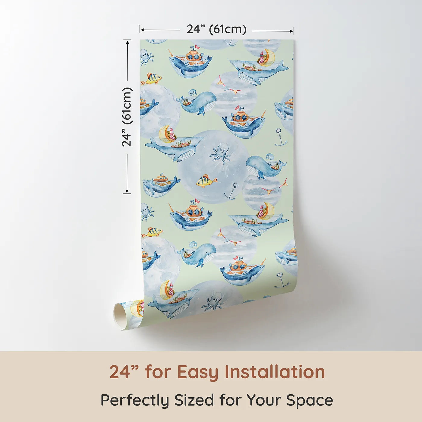 Dimension view of Whimsy Tots Whale Boat Parade Wallpaper in Mint Green (W3283D). Printed in 24-inch-wide panel for easy installation. Whales and fish set sail across a minty sea full of wonder.