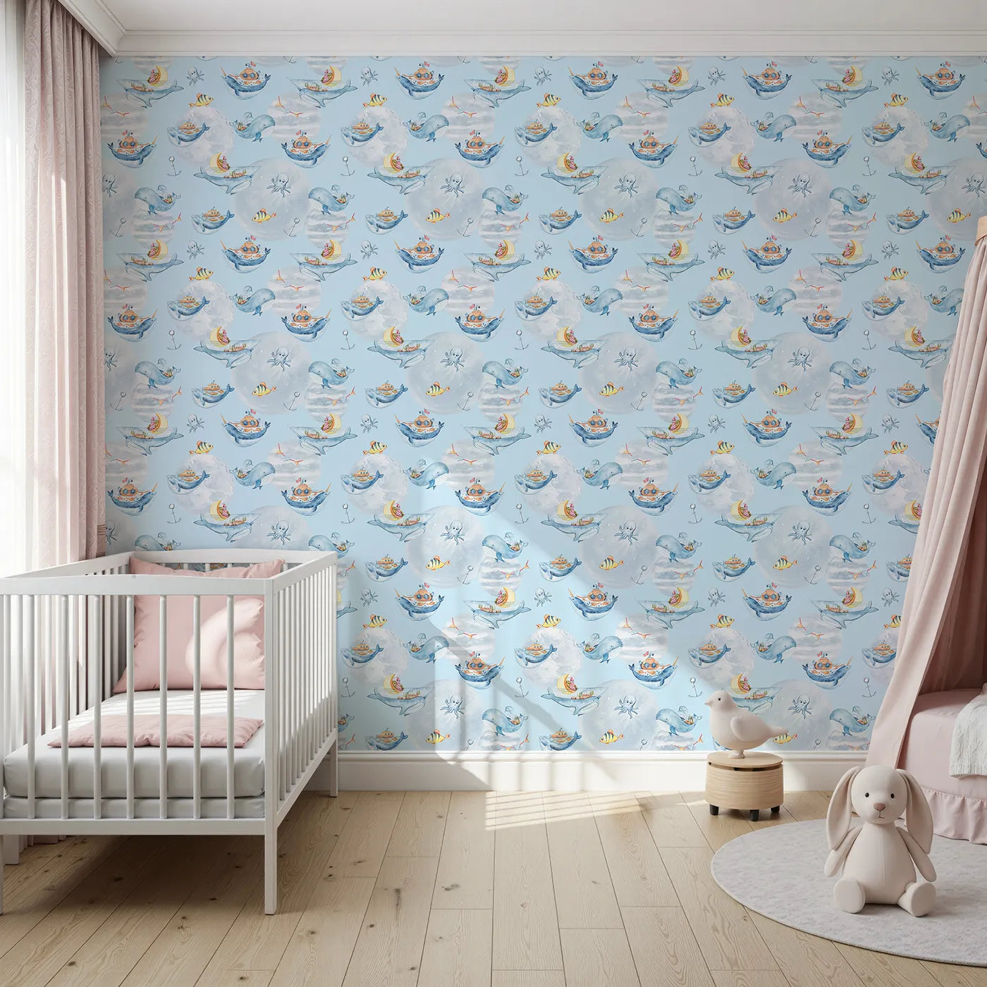 Front view of Whimsy Tots' Whale Boat Parade Wallpaper in Blue