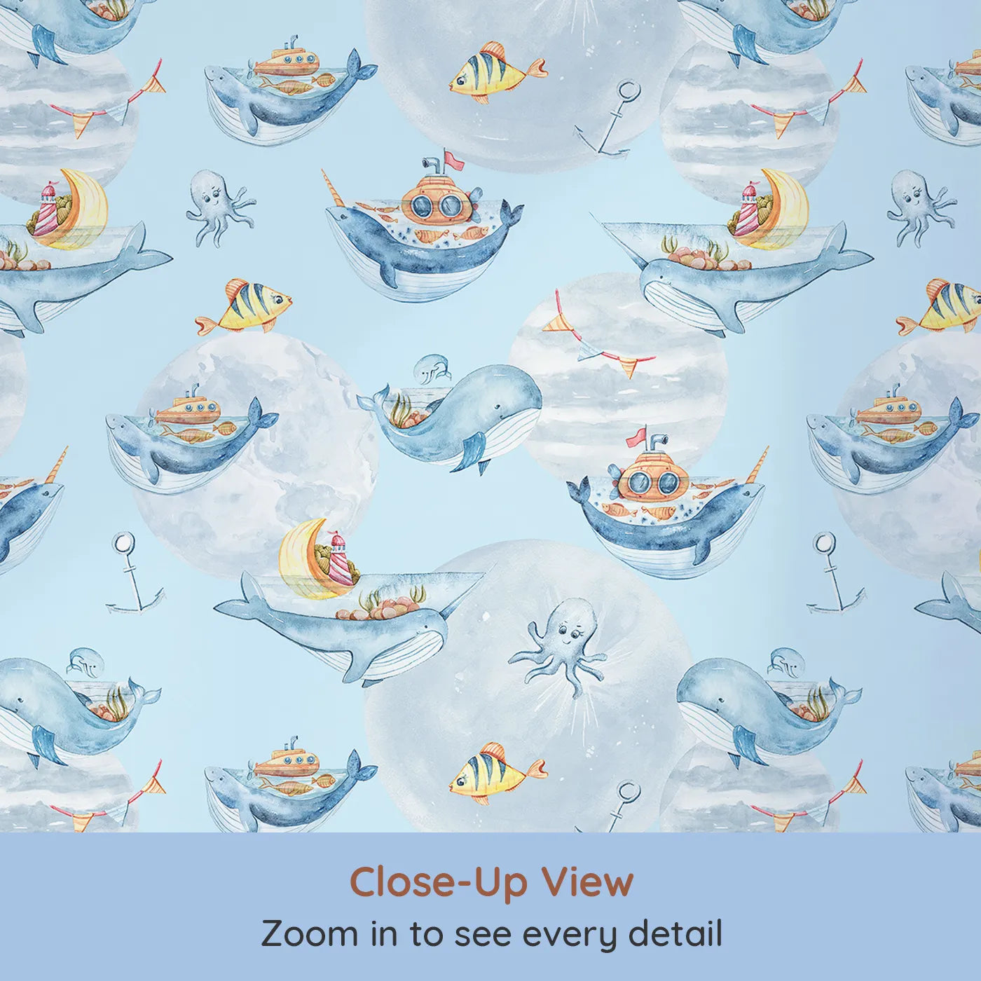 Close-up view of Whimsy Tots' Whale Boat Parade Wallpaper in Blue (W3283E).Blue skies filled with boats, whales, and underwater charm.