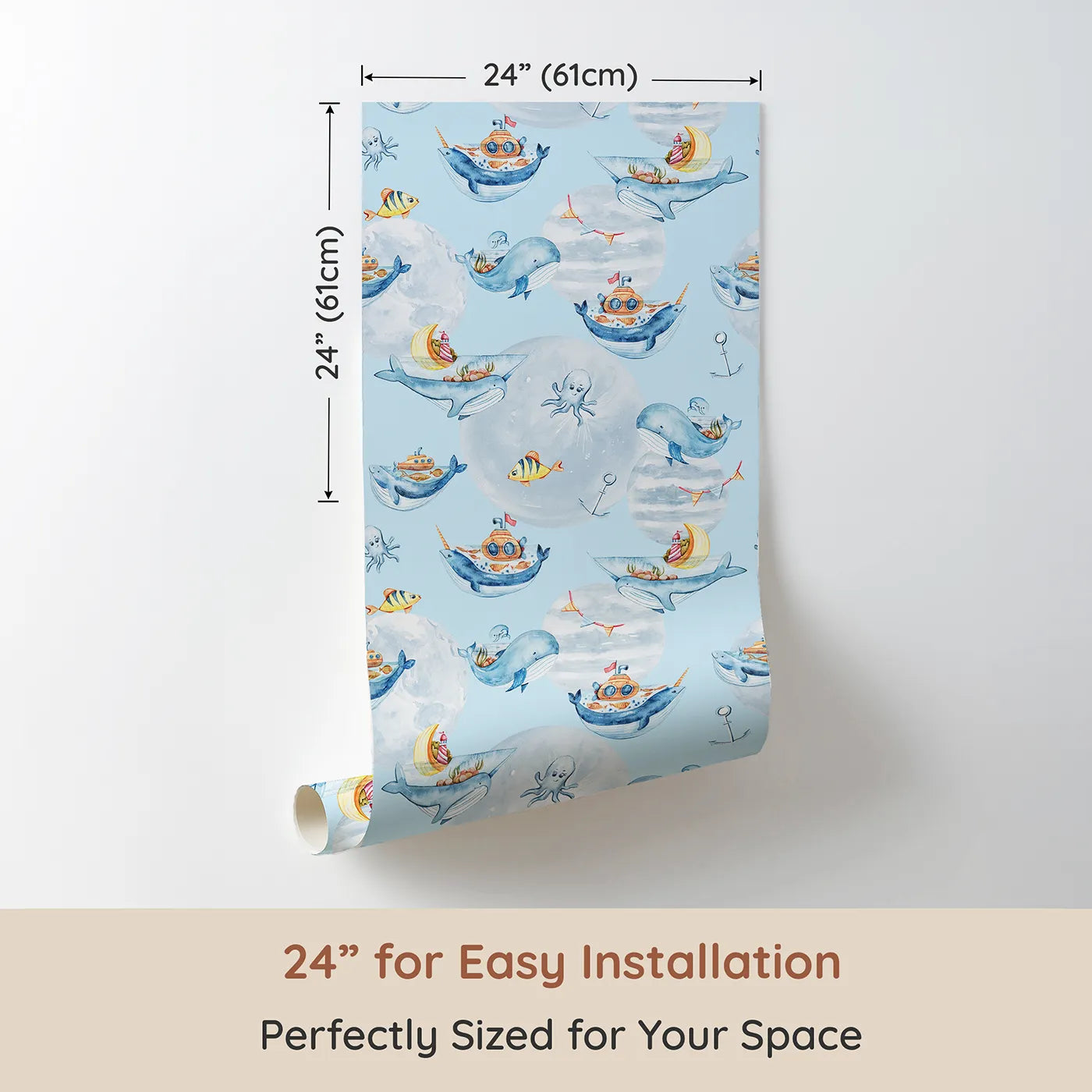 Dimension view of Whimsy Tots Whale Boat Parade Wallpaper in Blue (W3283E). Printed in 24-inch-wide panel for easy installation. Blue skies filled with boats, whales, and underwater charm.