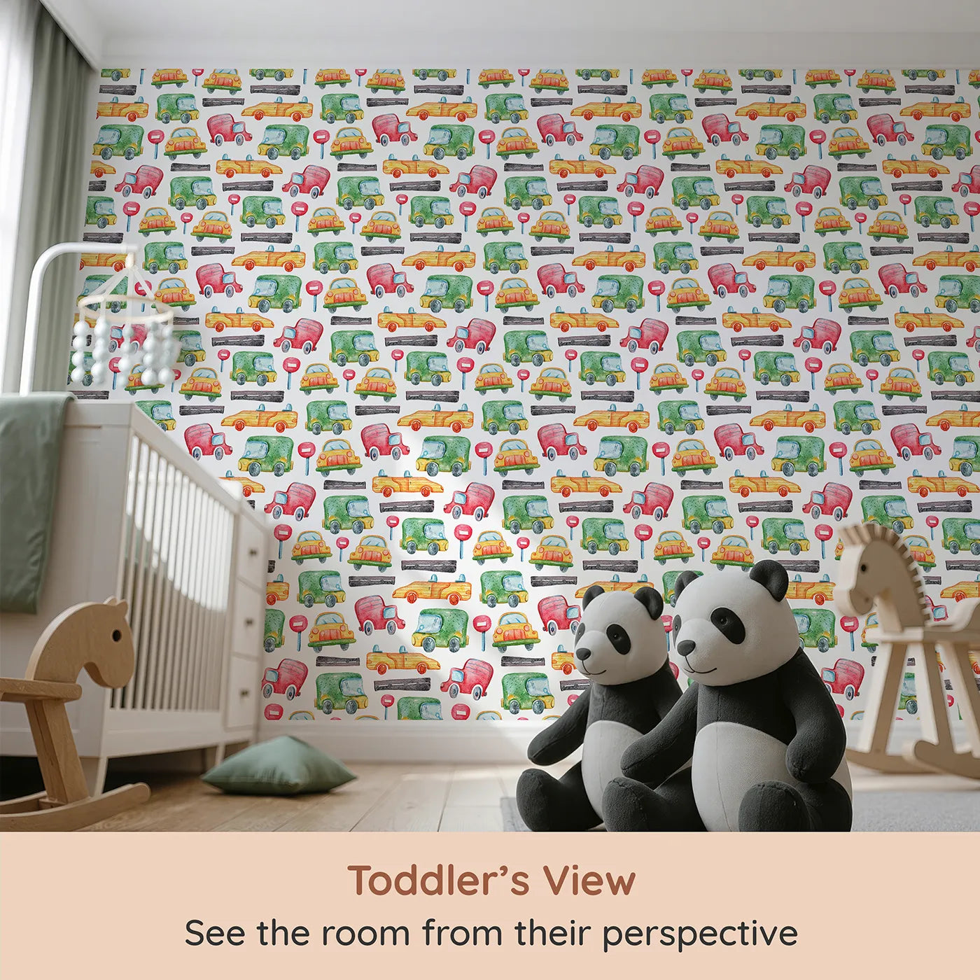 Whimsy Tots Little Car Parade Wallpaper in White (W3285A) from your child's view.Red, green, and yellow cars zoom across a world of watercolor streets.