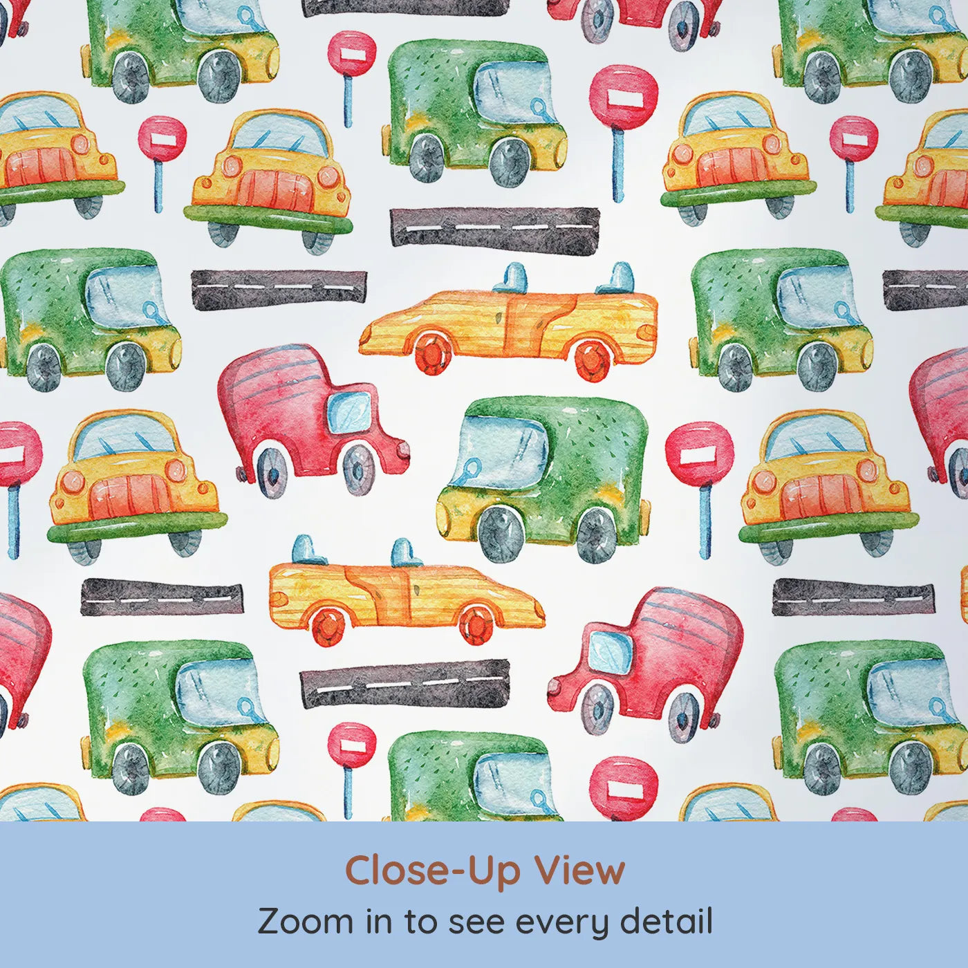 Close-up view of Whimsy Tots' Little Car Parade Wallpaper in White (W3285A).Red, green, and yellow cars zoom across a world of watercolor streets.