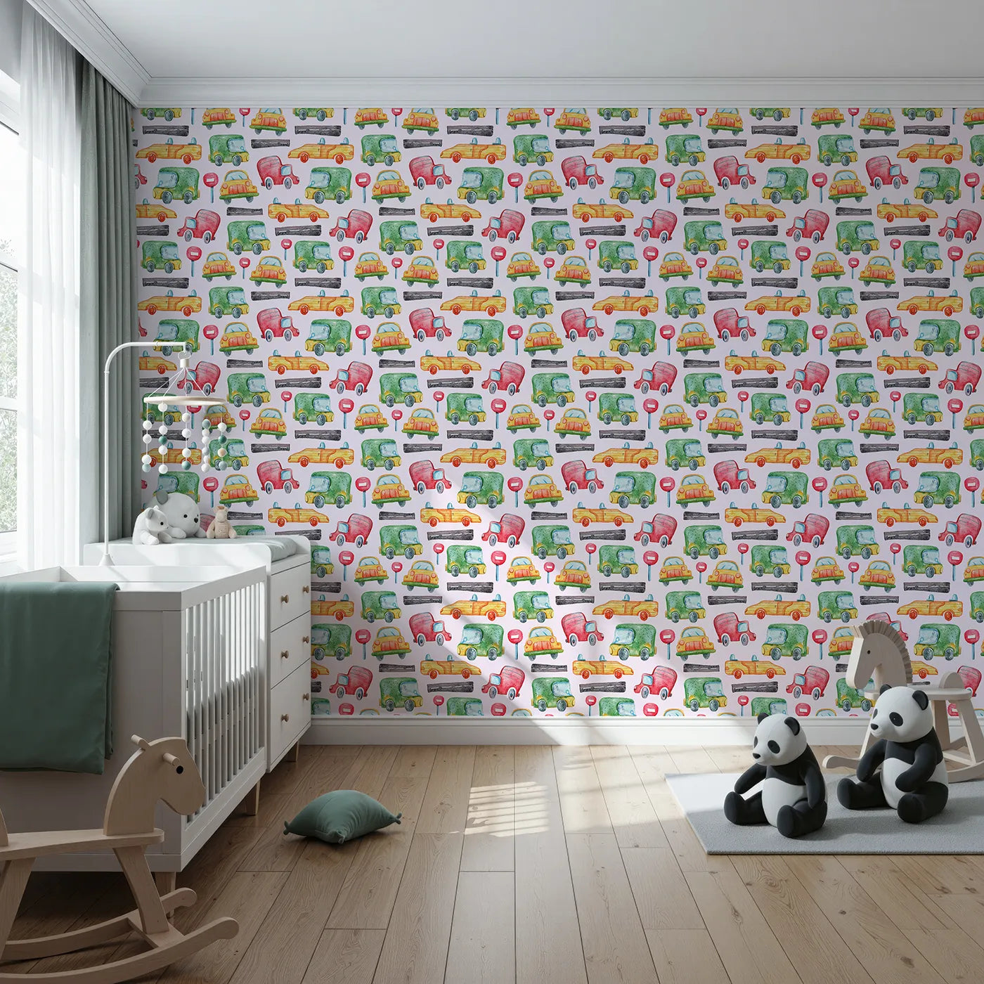 Front view of Whimsy Tots' Little Car Parade Wallpaper in Pink