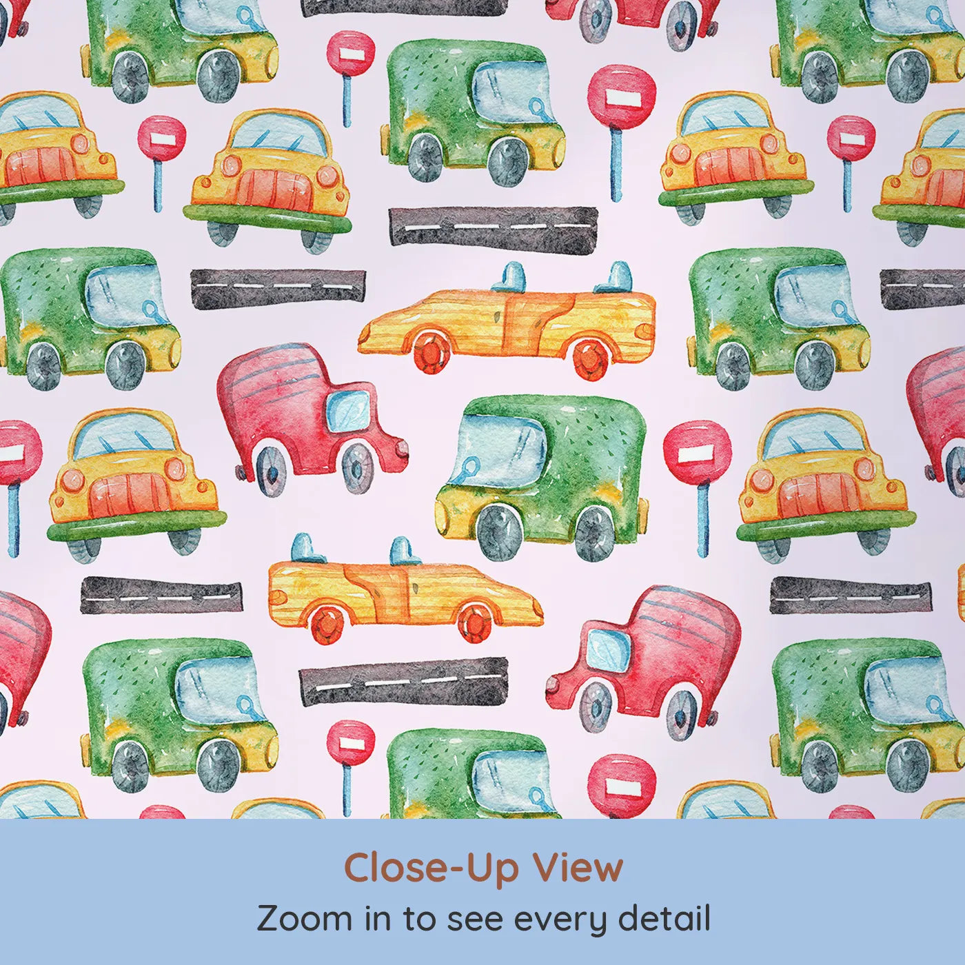 Close-up view of Whimsy Tots' Little Car Parade Wallpaper in Pink (W3285B).Watercolor cars zoom past signs on a soft pink track.