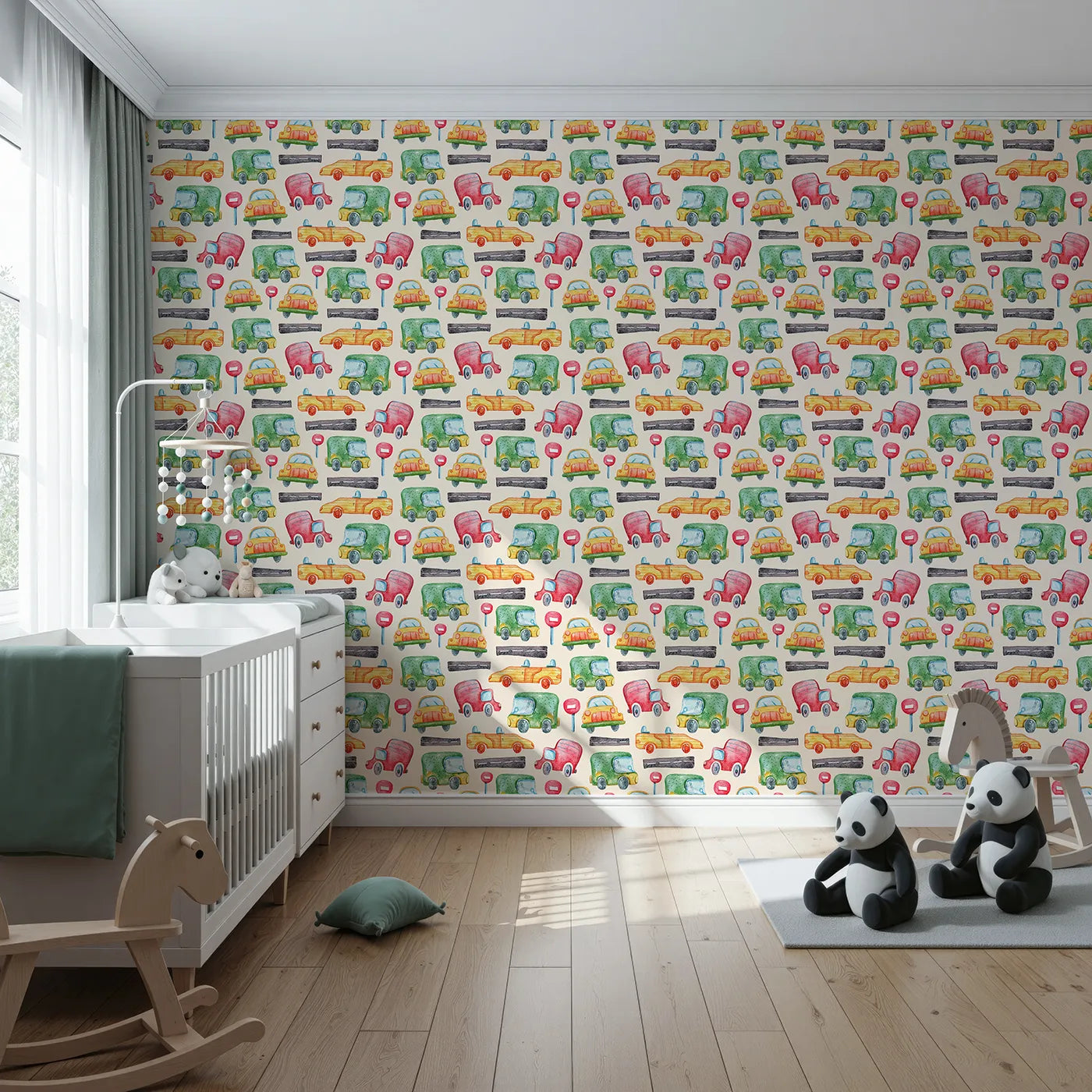 Front view of Whimsy Tots' Little Car Parade Wallpaper in Cream