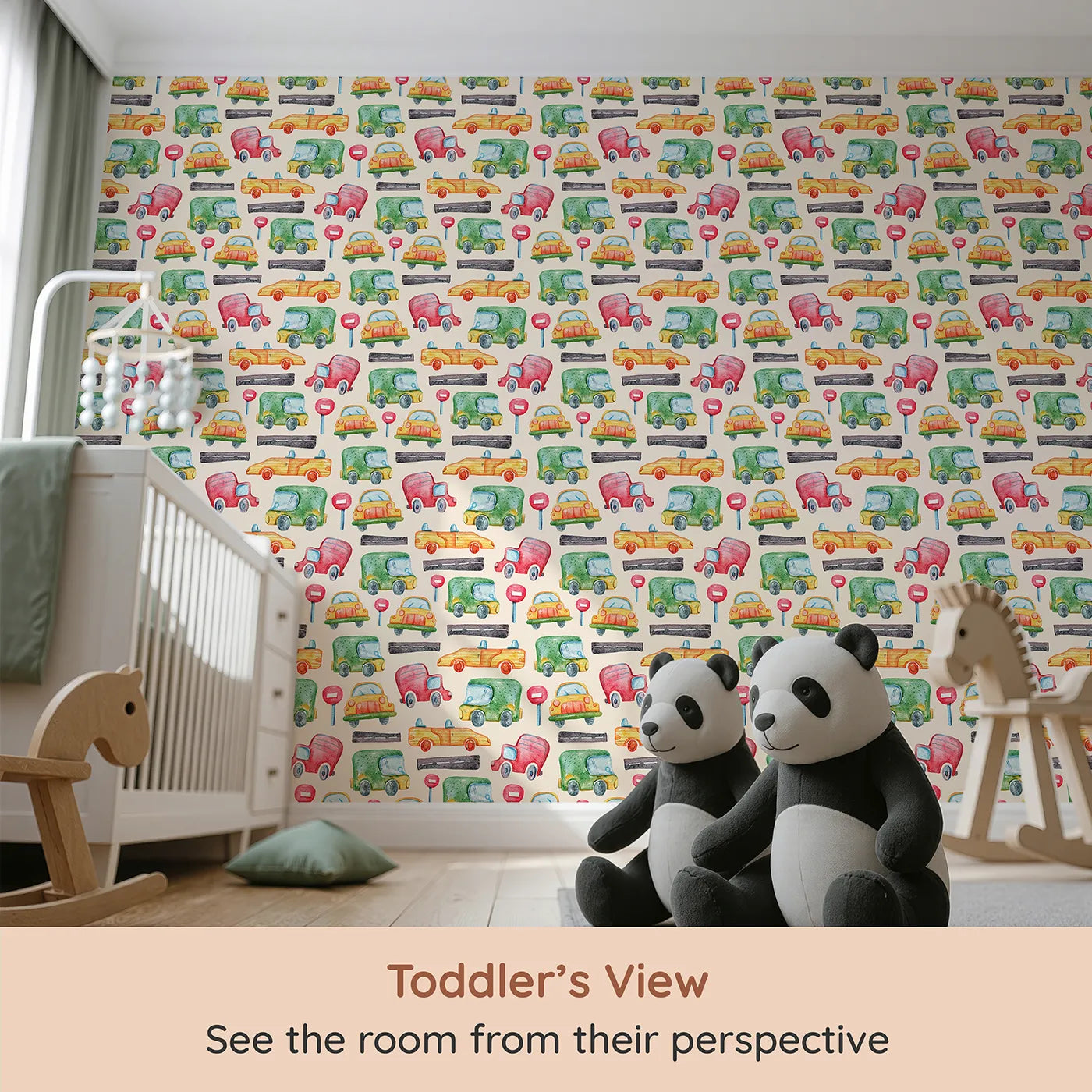 Whimsy Tots Little Car Parade Wallpaper in Cream (W3285C) from your child's view.Watercolor cars cruise across a cozy cream backdrop.