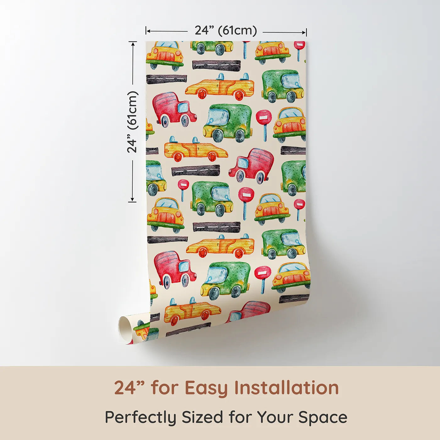 Dimension view of Whimsy Tots Little Car Parade Wallpaper in Cream (W3285C). Printed in 24-inch-wide panel for easy installation. Watercolor cars cruise across a cozy cream backdrop.