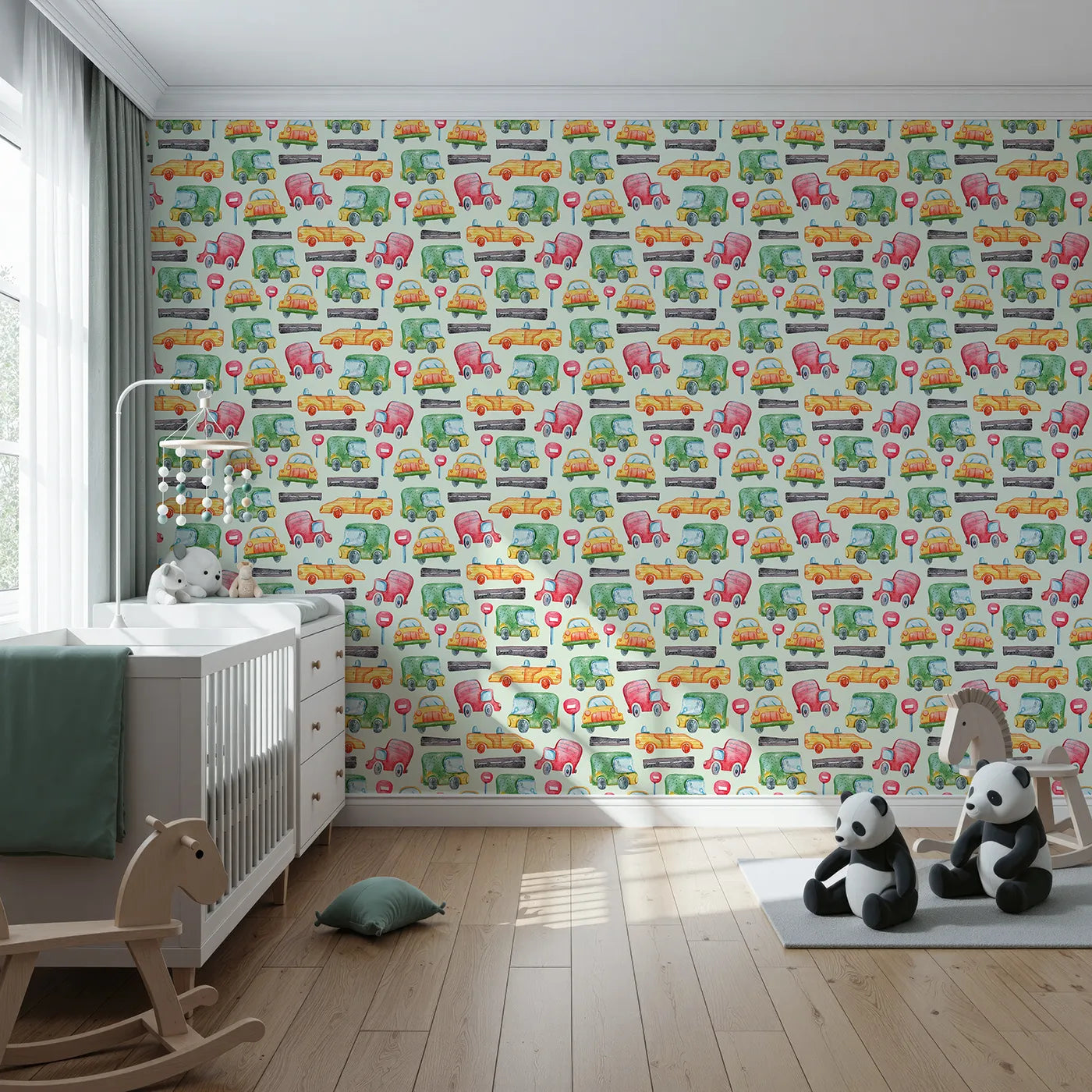 Front view of Whimsy Tots' Little Car Parade Wallpaper in Mint Green