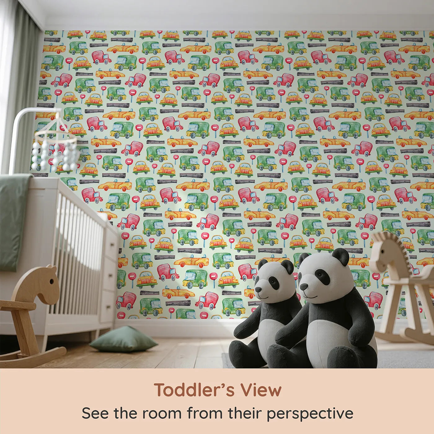 Whimsy Tots Little Car Parade Wallpaper in Mint Green (W3285D) from your child's view.Green cars and yellow taxis zoom past signs on minty roads.