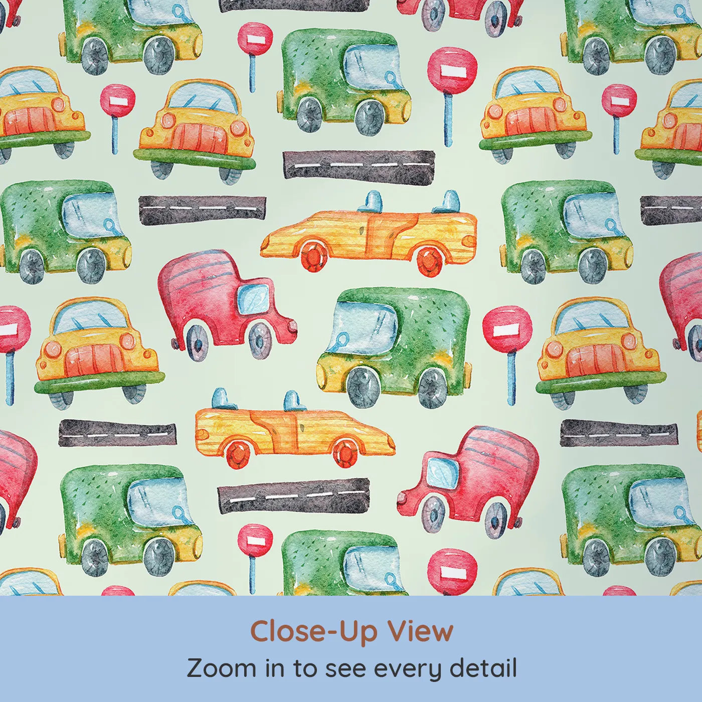 Close-up view of Whimsy Tots' Little Car Parade Wallpaper in Mint Green (W3285D).Green cars and yellow taxis zoom past signs on minty roads.
