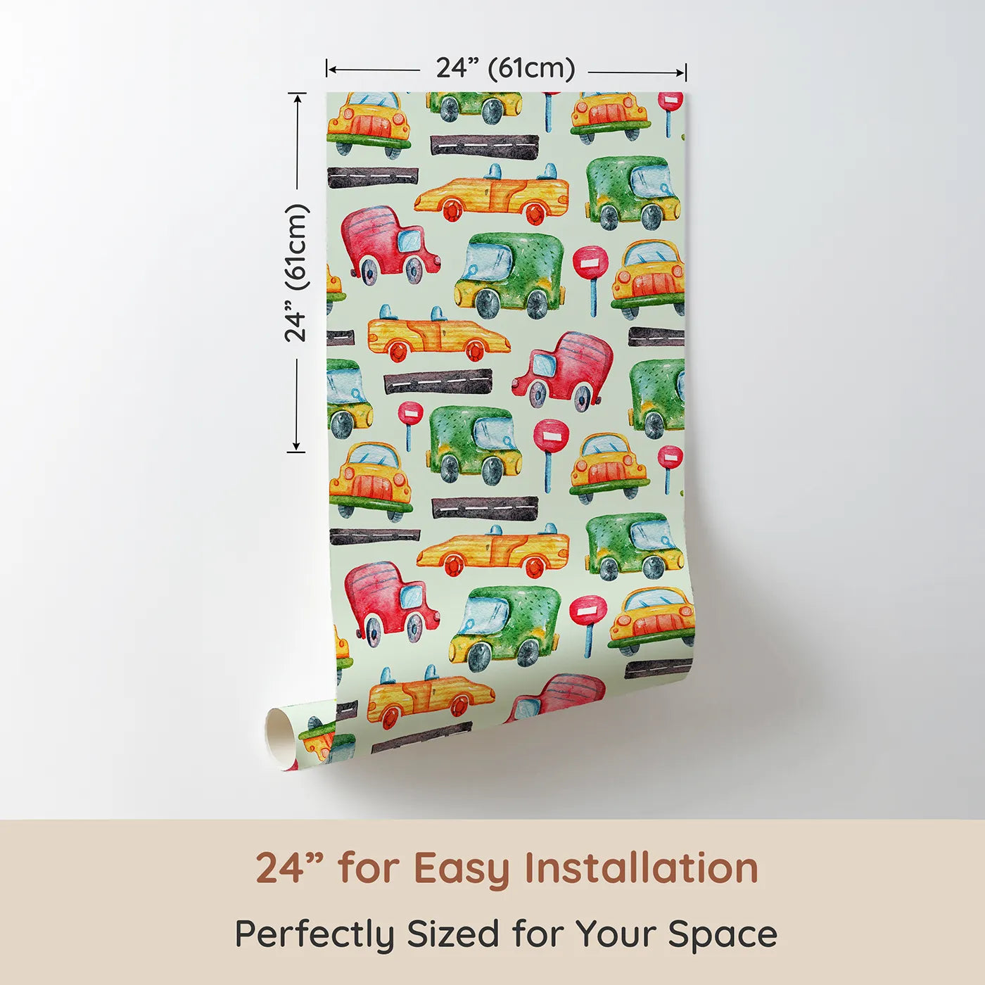 Dimension view of Whimsy Tots Little Car Parade Wallpaper in Mint Green (W3285D). Printed in 24-inch-wide panel for easy installation. Green cars and yellow taxis zoom past signs on minty roads.