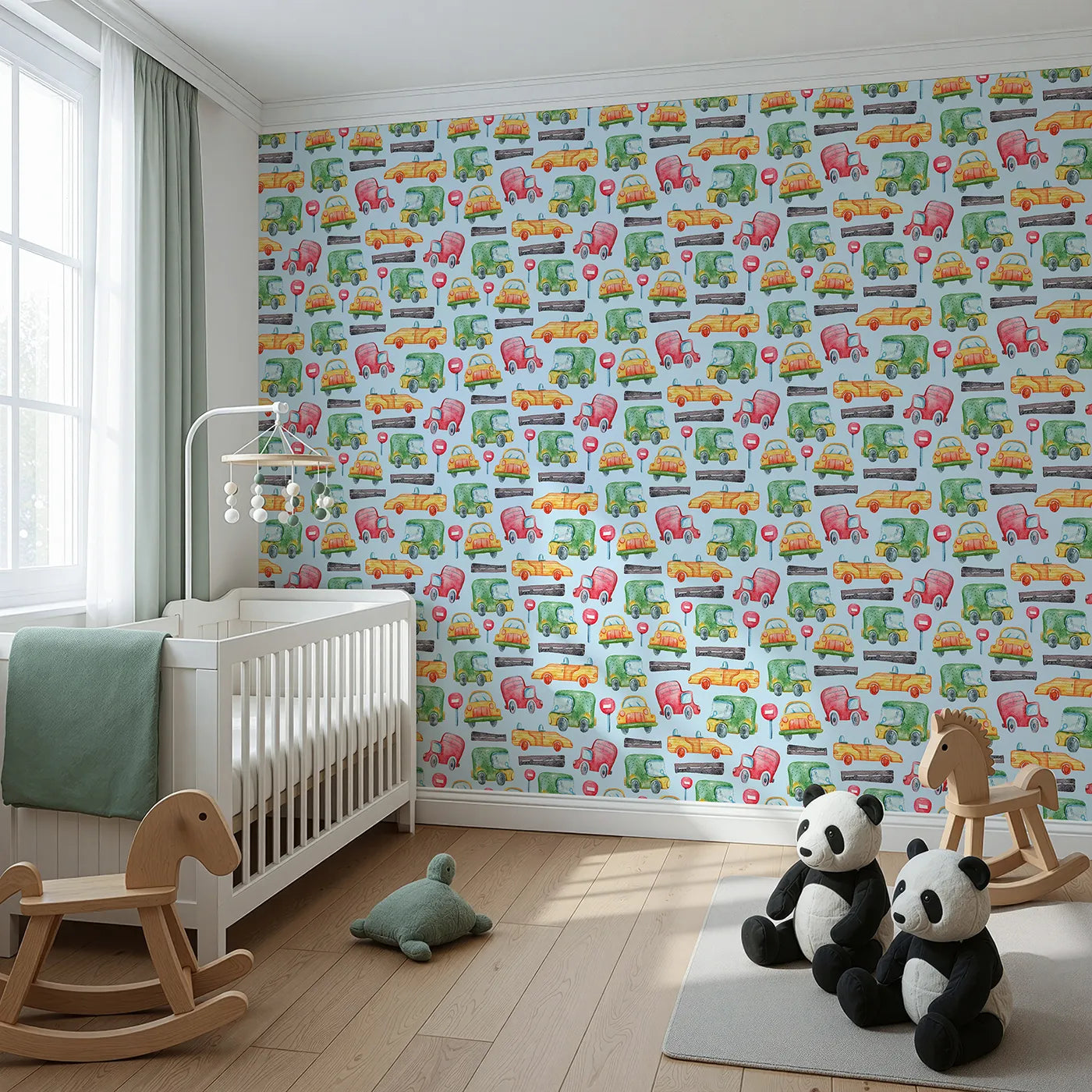 Angled view of Whimsy Tots' Little Car Parade Wallpaper in Blue (W3285E).Bold cars and painted roads zoom across a fresh blue sky.