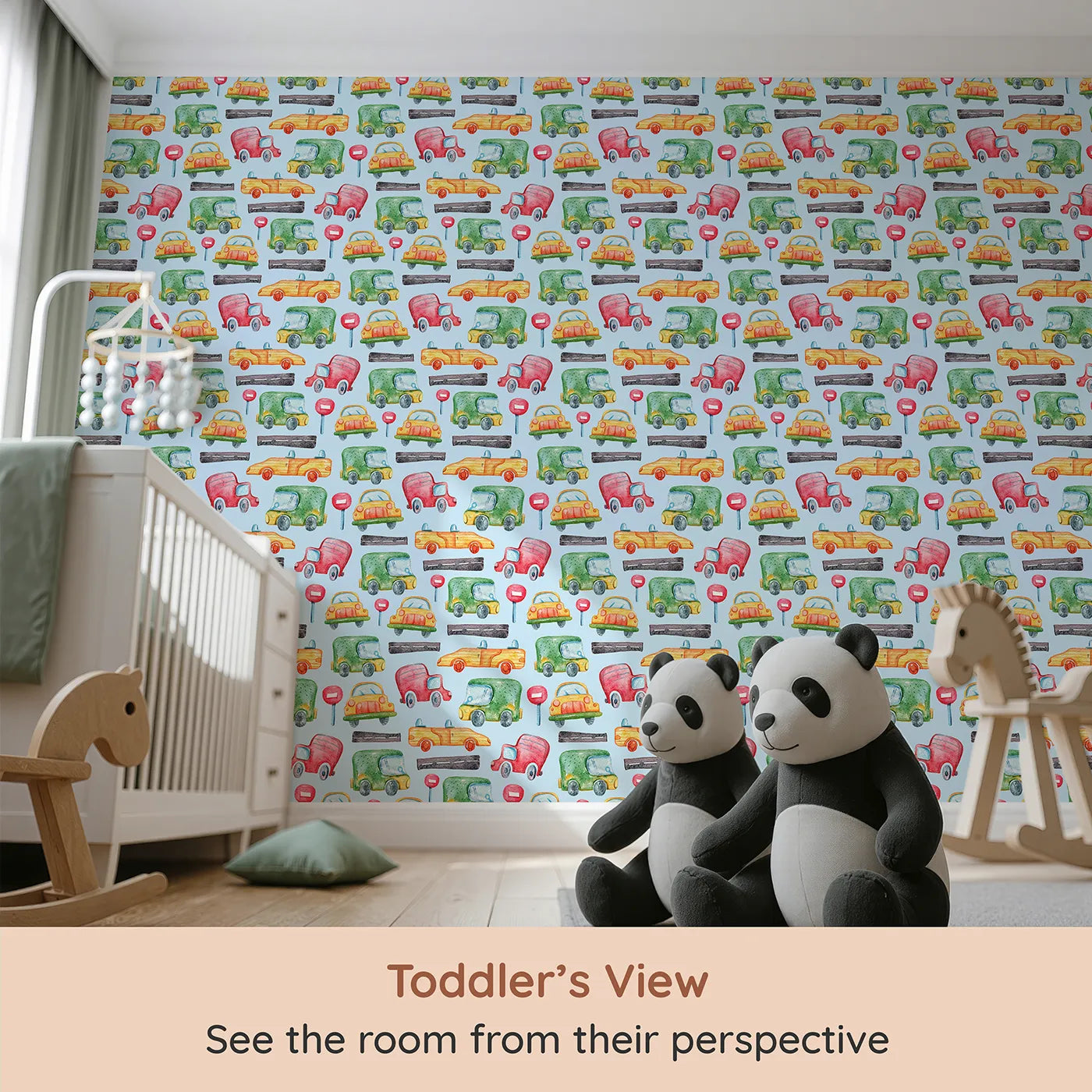 Whimsy Tots Little Car Parade Wallpaper in Blue (W3285E) from your child's view.Bold cars and painted roads zoom across a fresh blue sky.
