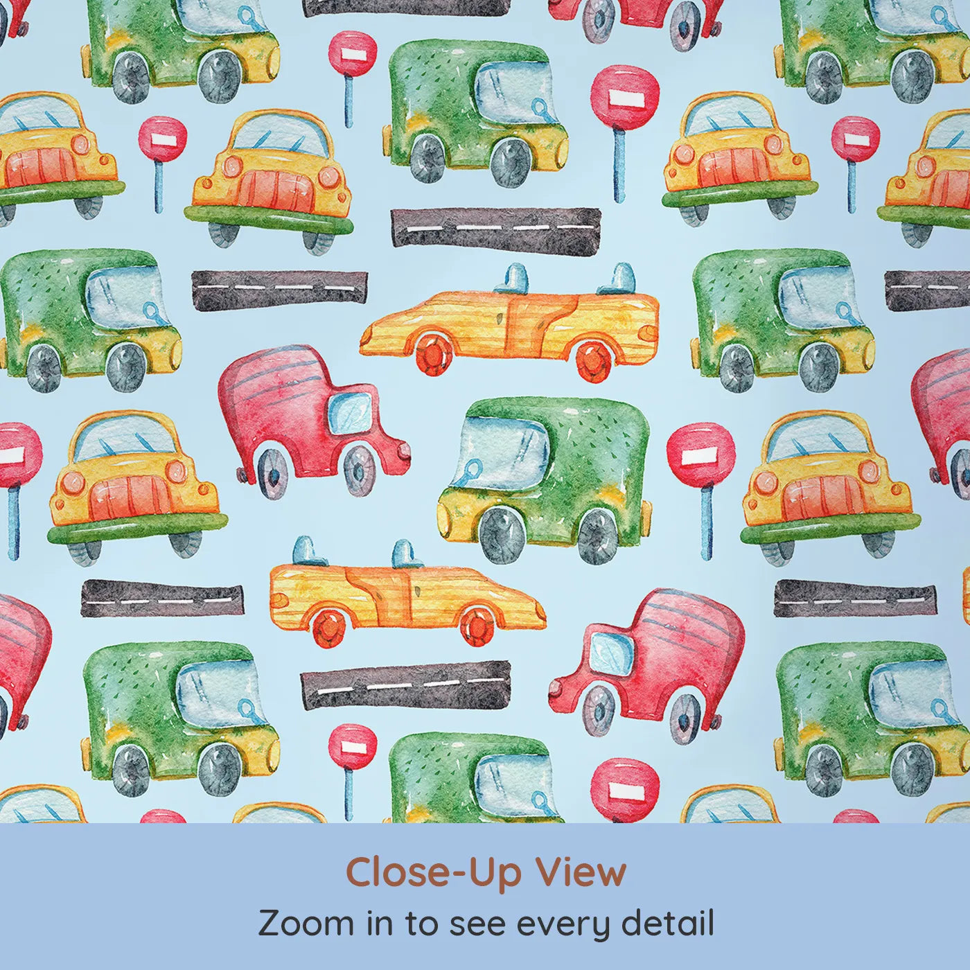 Close-up view of Whimsy Tots' Little Car Parade Wallpaper in Blue (W3285E).Bold cars and painted roads zoom across a fresh blue sky.