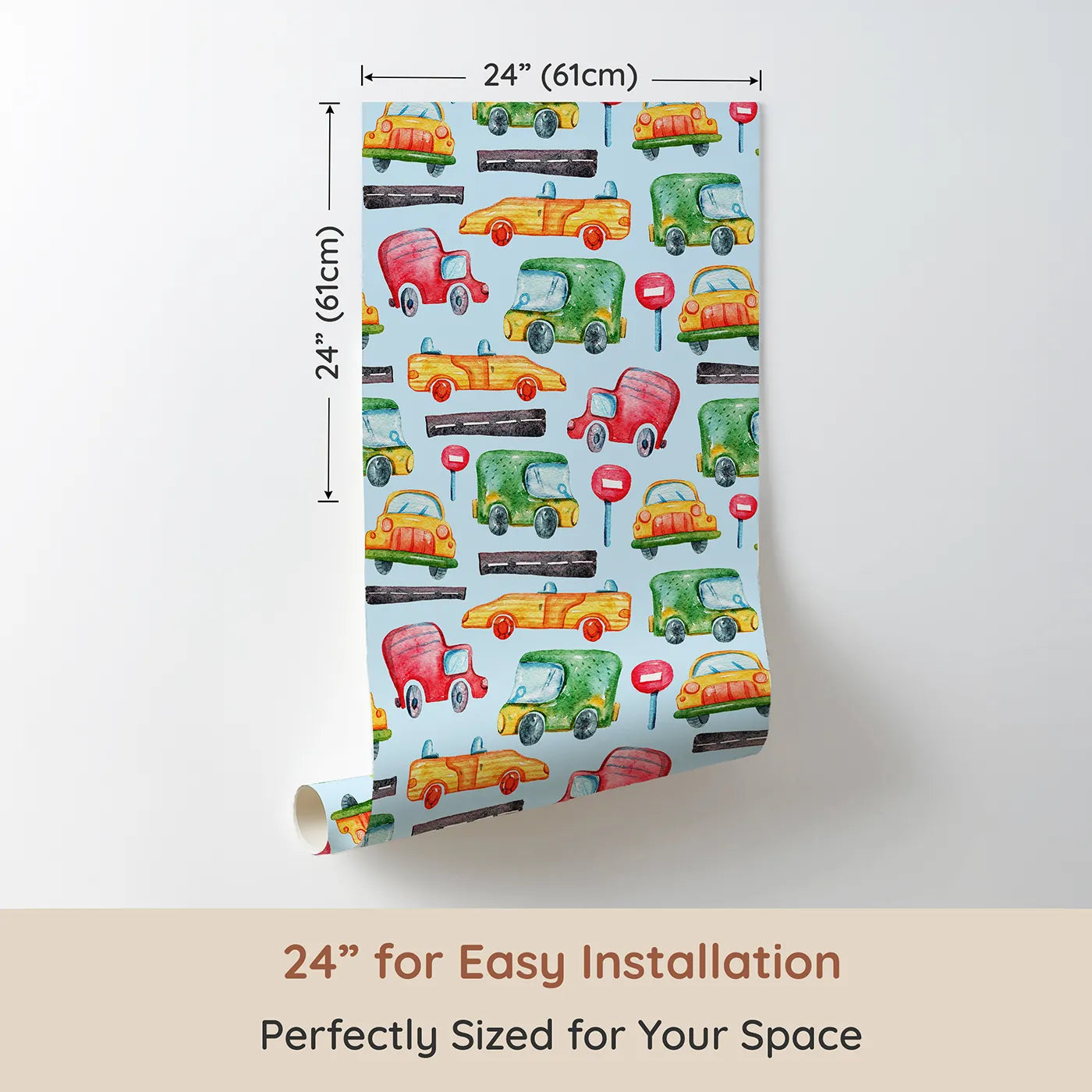 Dimension view of Whimsy Tots Little Car Parade Wallpaper in Blue (W3285E). Printed in 24-inch-wide panel for easy installation. Bold cars and painted roads zoom across a fresh blue sky.