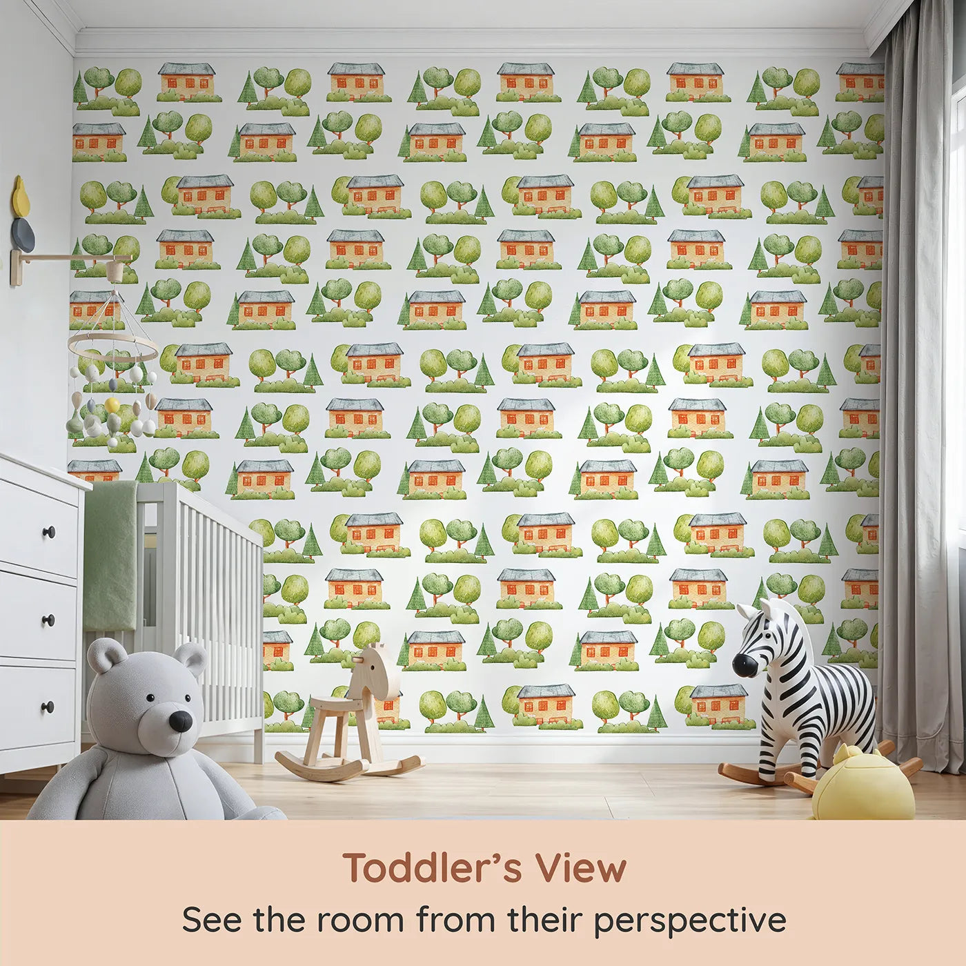 Whimsy Tots Cottage Garden Village Wallpaper in White (W3286A) from your child's view.Quiet houses rest among hand-painted trees and soft green bushes.