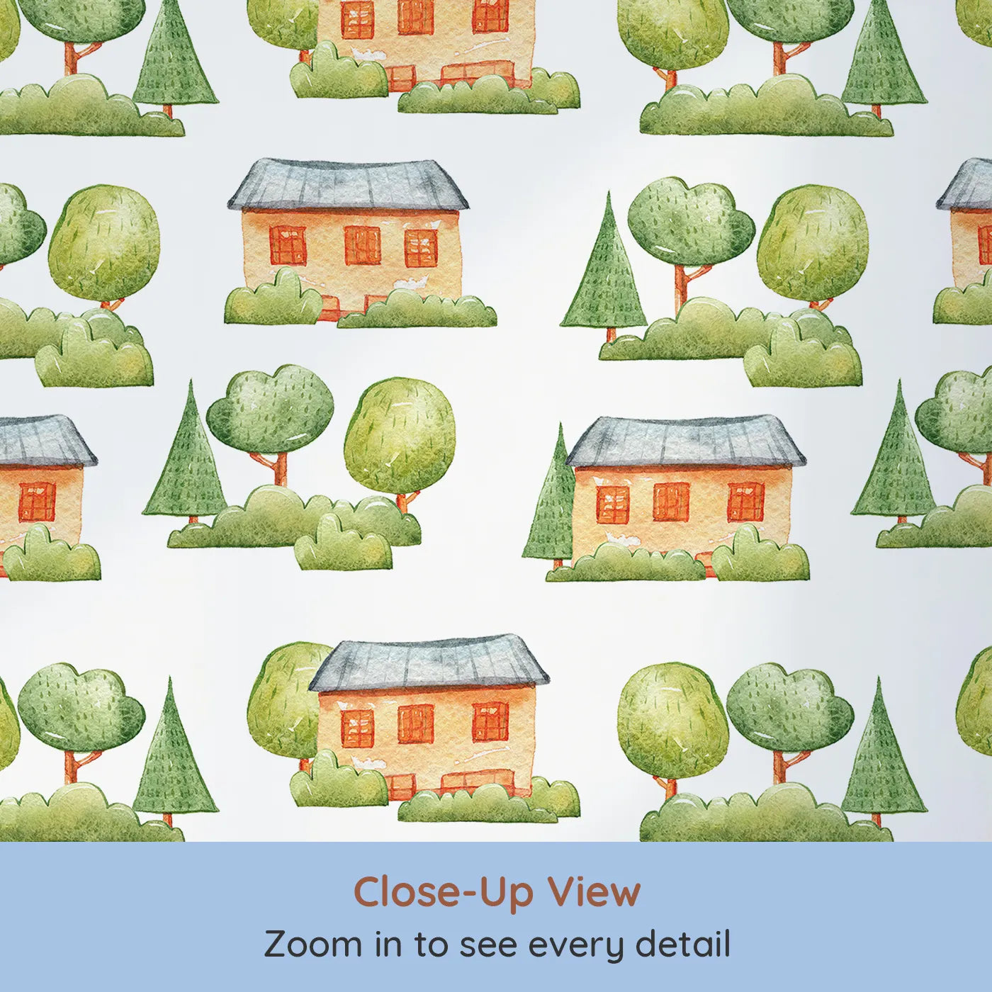 Close-up view of Whimsy Tots' Cottage Garden Village Wallpaper in White (W3286A).Quiet houses rest among hand-painted trees and soft green bushes.