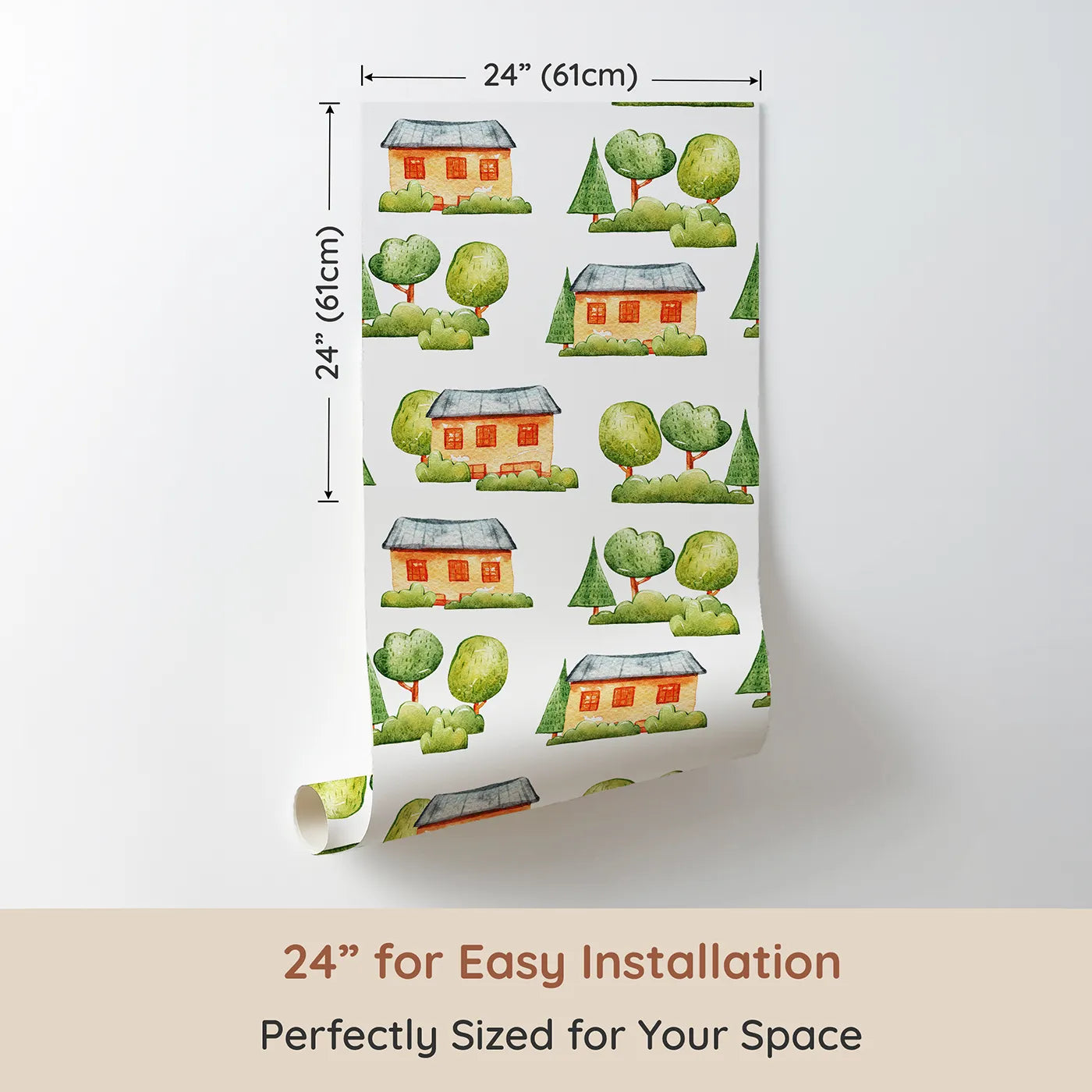 Dimension view of Whimsy Tots Cottage Garden Village Wallpaper in White (W3286A). Printed in 24-inch-wide panel for easy installation. Quiet houses rest among hand-painted trees and soft green bushes.