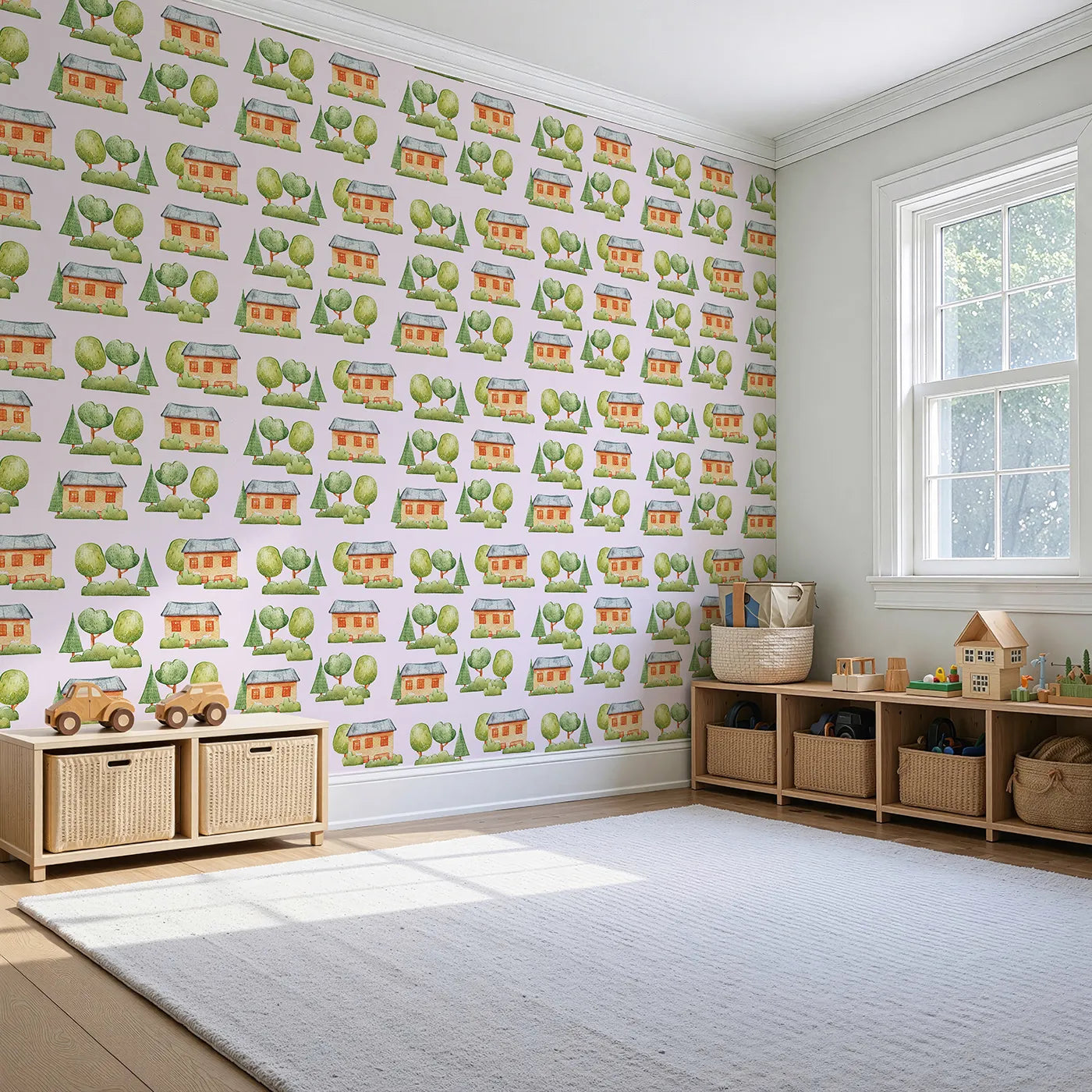 Angled view of Whimsy Tots' Cottage Garden Village Wallpaper in Pink (W3286B).Watercolor homes bloom gently among trees on a soft pink sky.