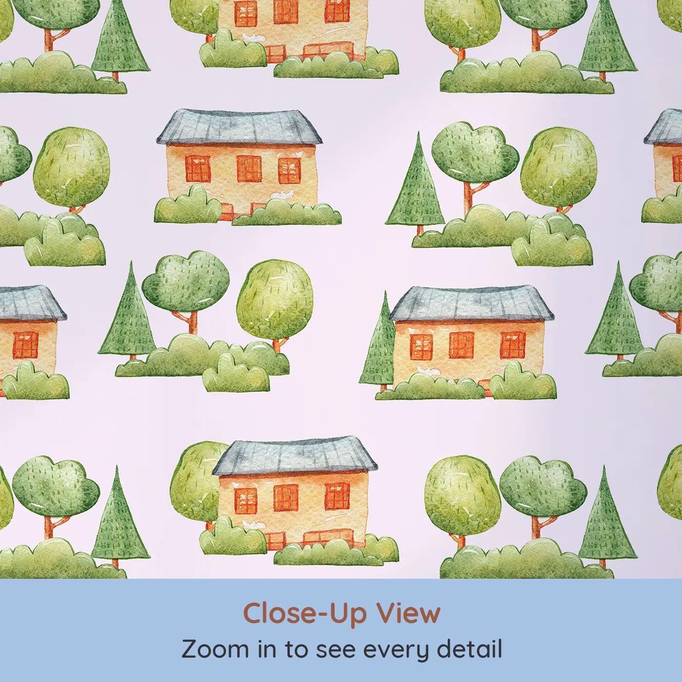 Close-up view of Whimsy Tots' Cottage Garden Village Wallpaper in Pink (W3286B).Watercolor homes bloom gently among trees on a soft pink sky.
